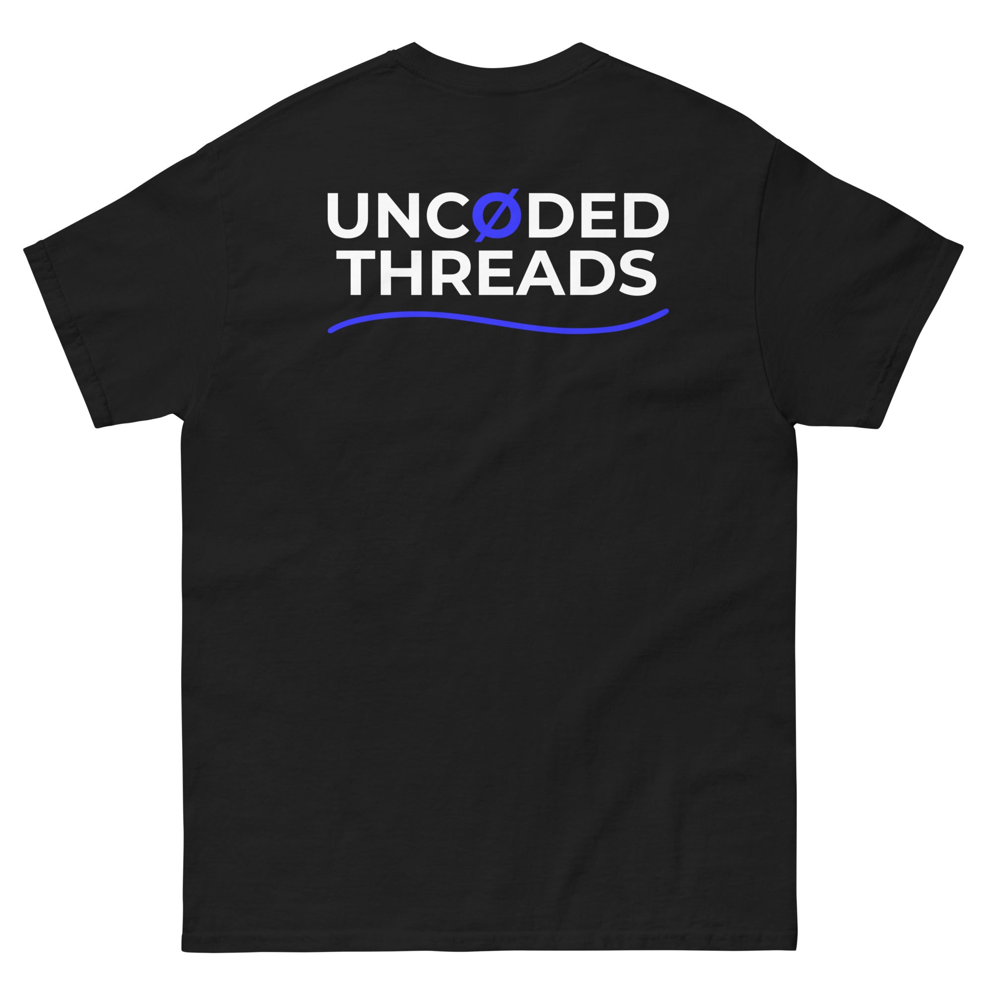 DAY ONE Ø Tee black with UNCØDED THREADS back graphic in blue and white back view #group:black-blue
