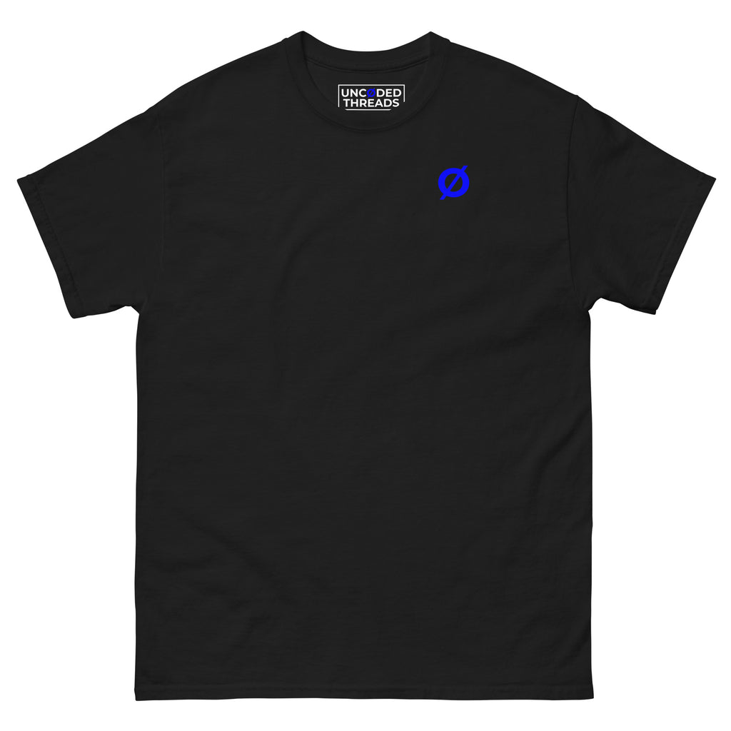 DAY ONE Ø Tee black with blue embroidered Ø chest detail front view #group:black-blue