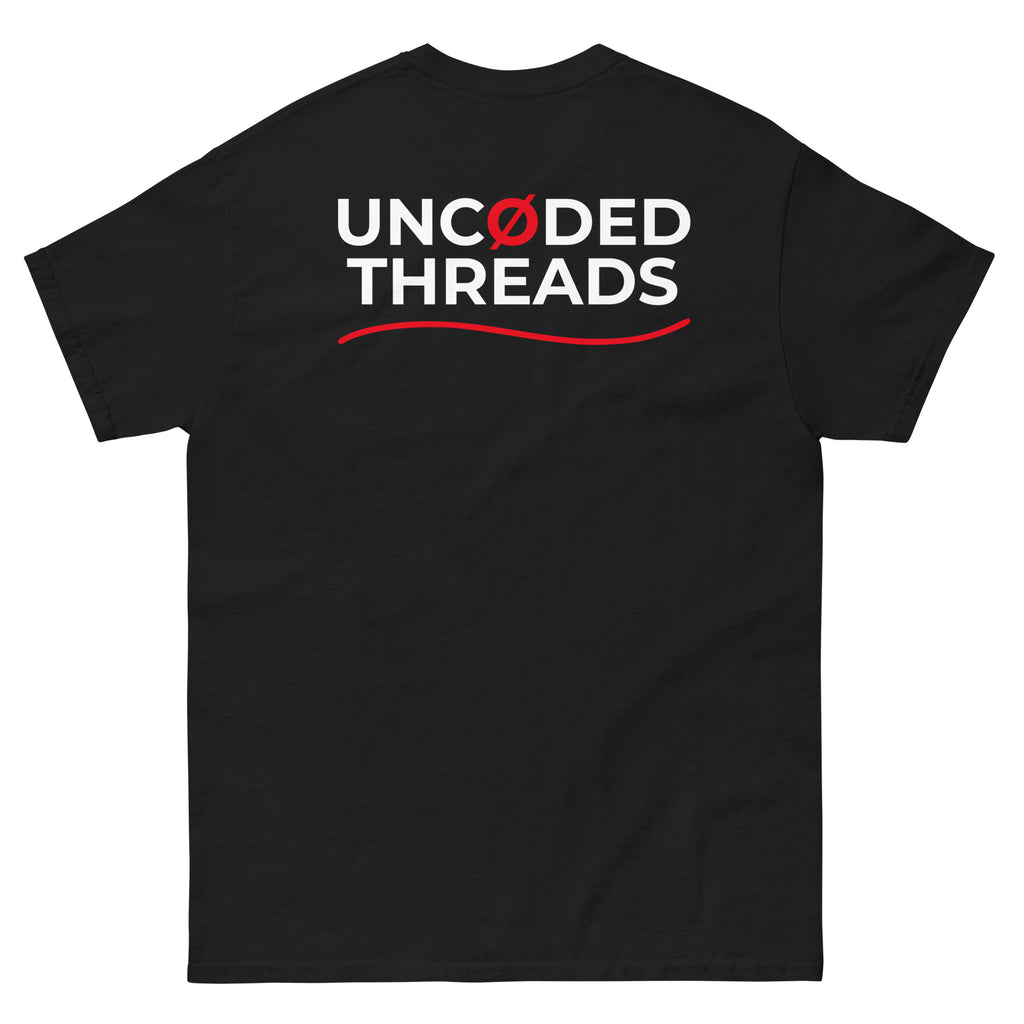 DAY ONE Ø Tee black with UNCØDED THREADS back graphic in red and white back view #group:black-red