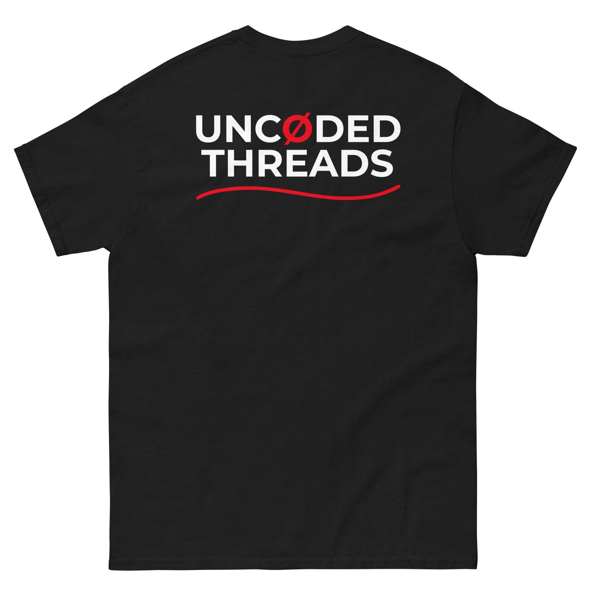 DAY ONE Ø Tee black with UNCØDED THREADS back graphic in red and white back view #group:black-red