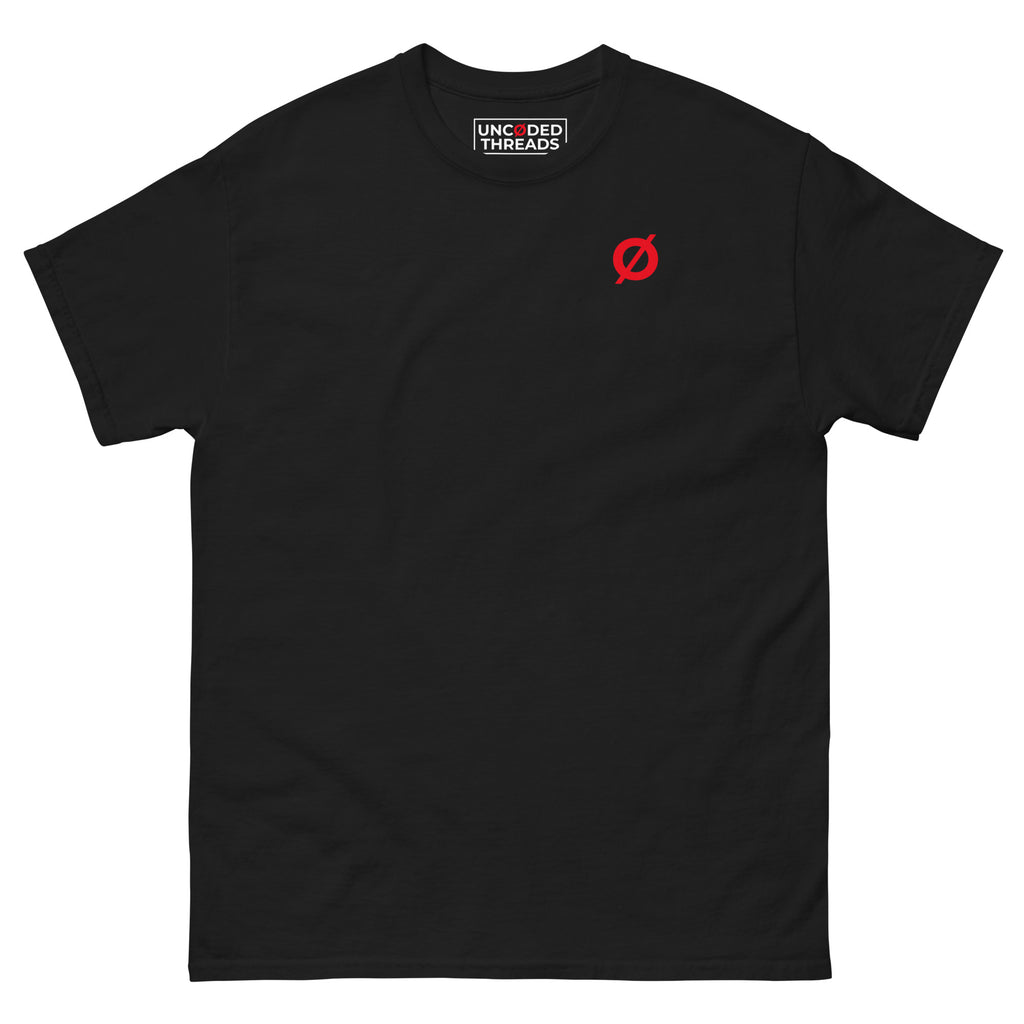 DAY ONE Ø Tee black with red embroidered Ø chest detail front view #group:black-red