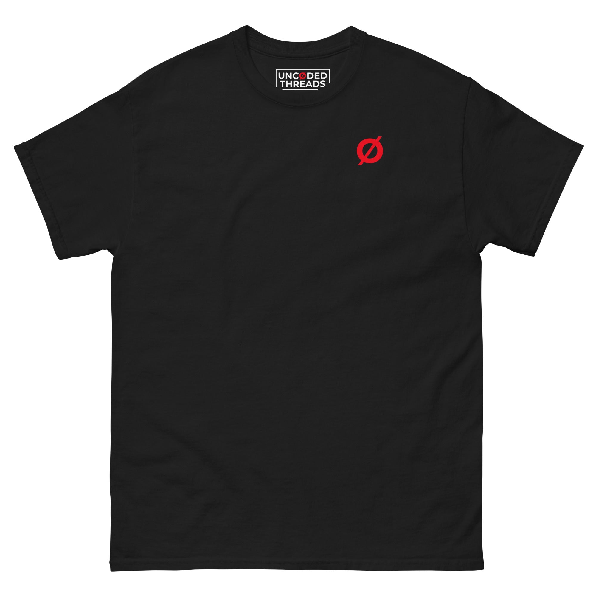 DAY ONE Ø Tee black with red embroidered Ø chest detail front view #group:black-red