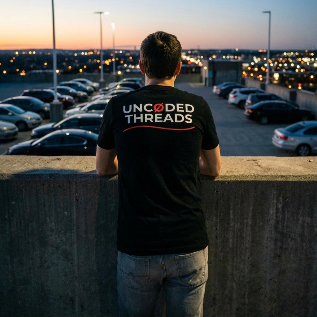 Model wearing the DAY ONE Ø Tee black with UNCØDED THREADS back graphic #group:black-red