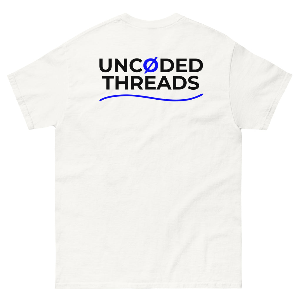 DAY ONE Ø Tee white with UNCØDED THREADS back graphic in blue and white back view #group:white-blue