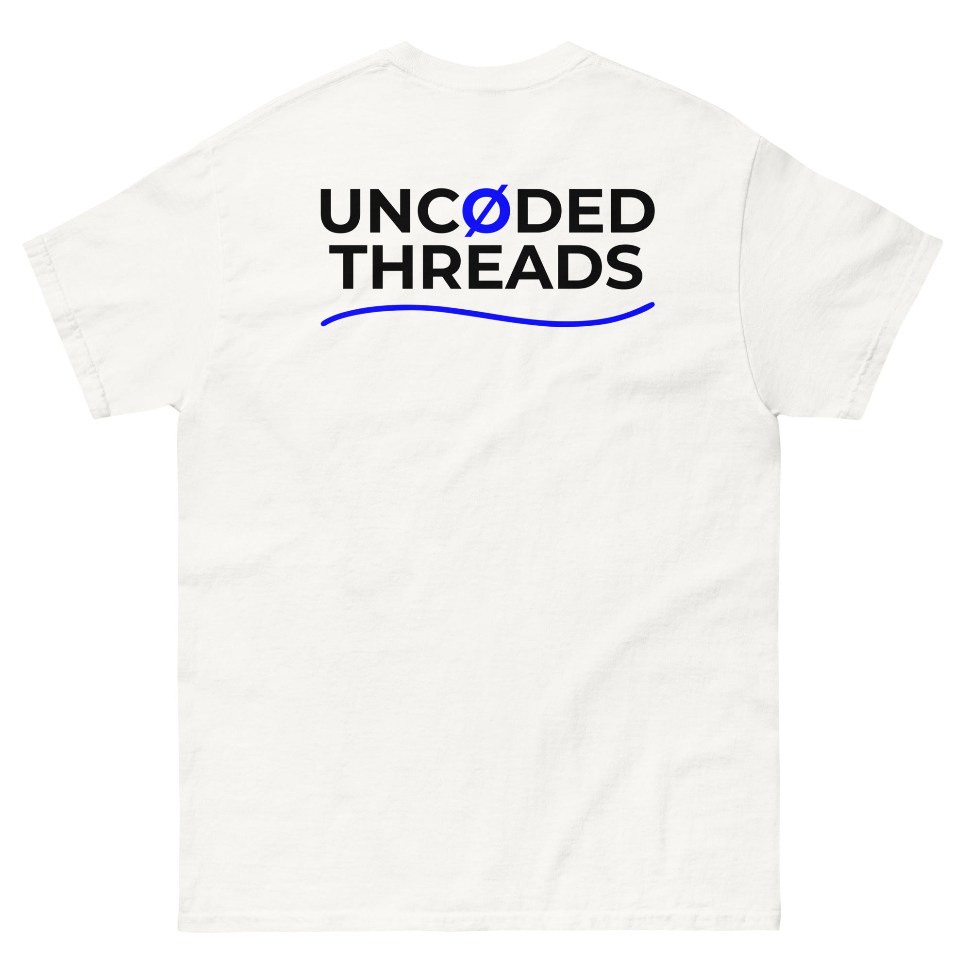 DAY ONE Ø Tee white with UNCØDED THREADS back graphic in blue and white back view #group:white-blue