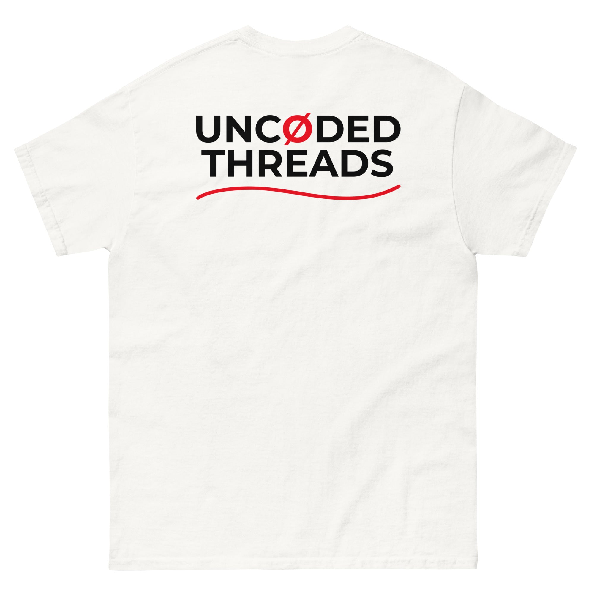 DAY ONE Ø Tee white with UNCØDED THREADS back graphic in red and white back view #group:white-red
