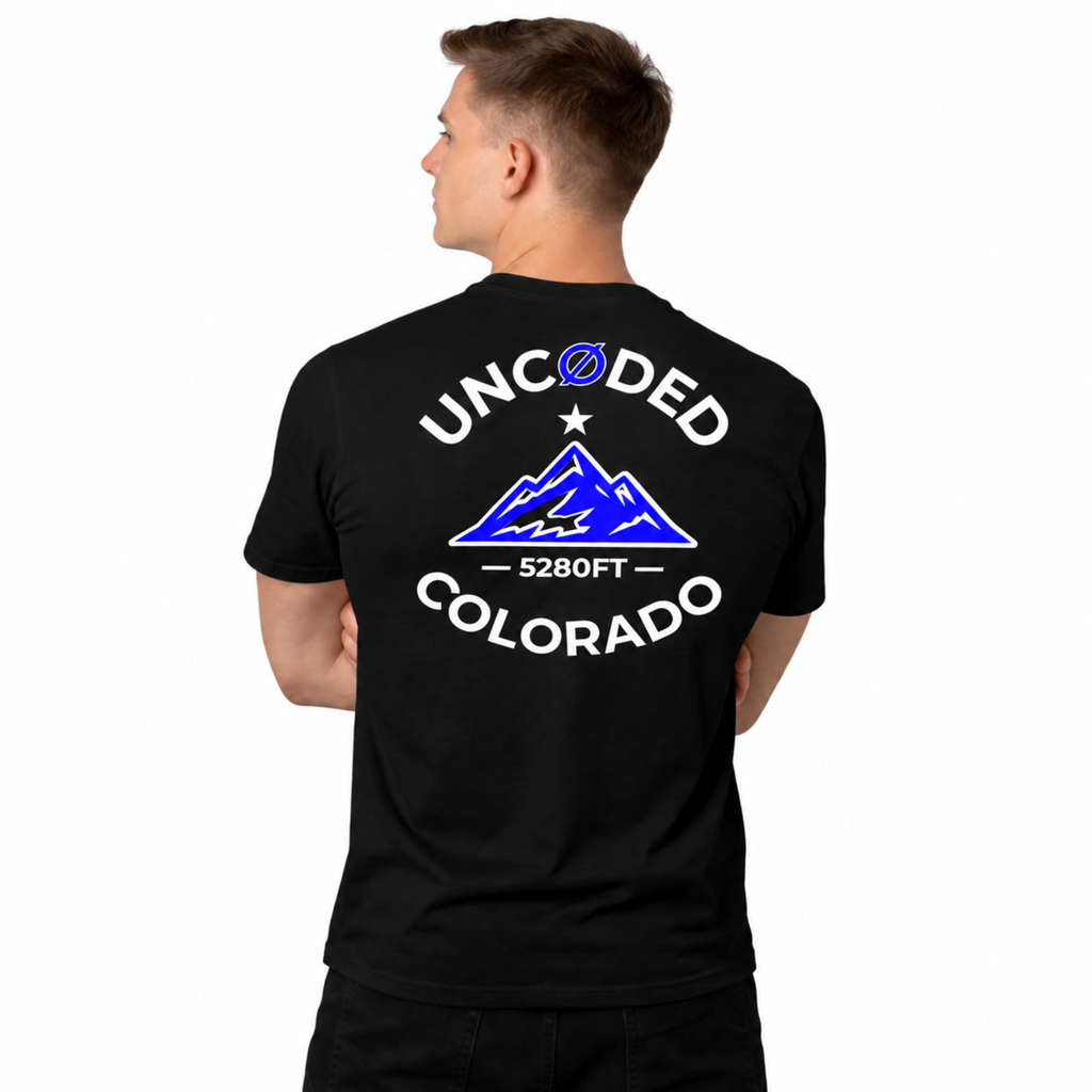 Model wearing UNCØDED 5280 Roots Tee black Colorado graphic tee back design