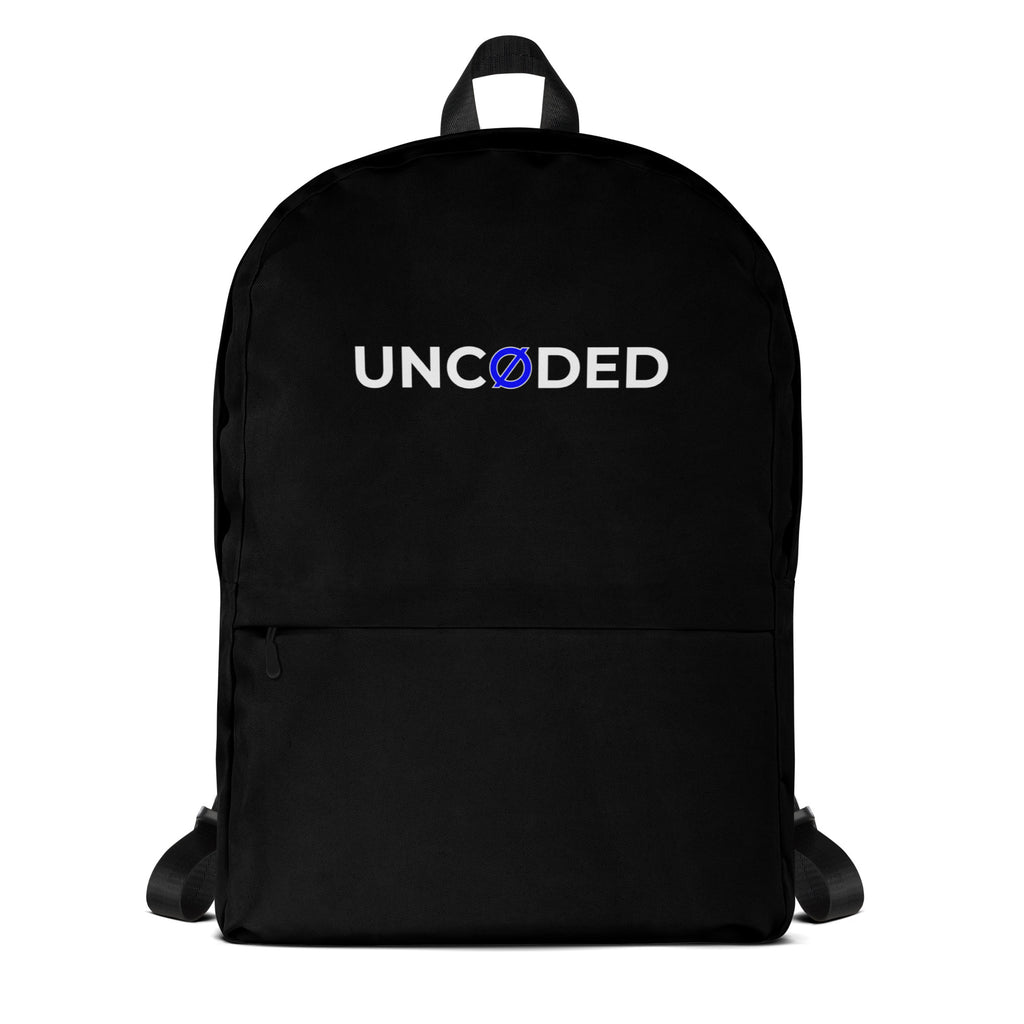 UNCØDED Backpack black streetwear laptop bag with blue Ø logo front view #group:blue