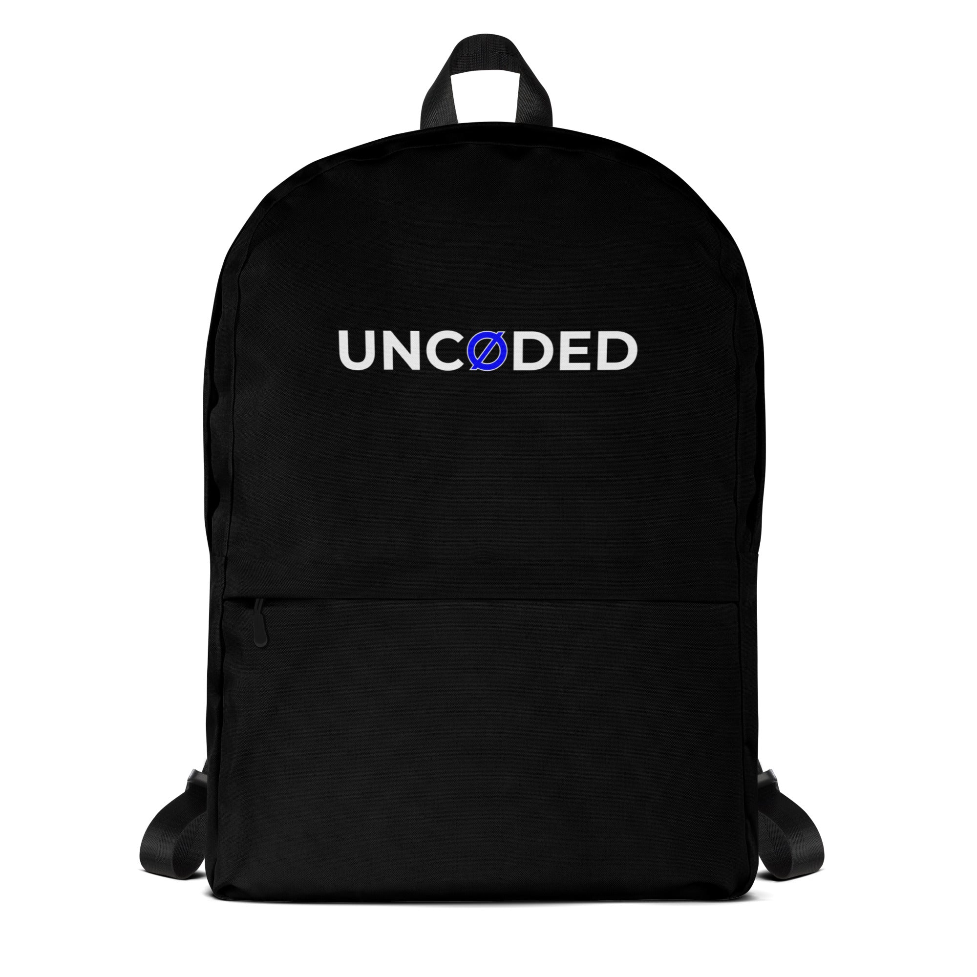 UNCØDED Backpack black streetwear laptop bag with blue Ø logo front view #group:blue