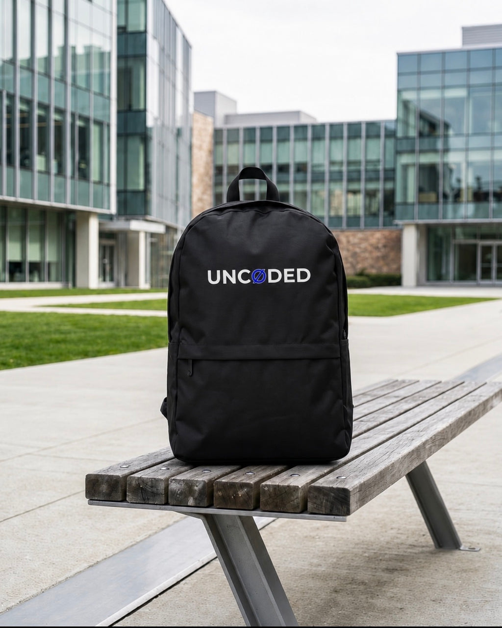 UNCØDED Backpack black streetwear laptop bag with blue Ø logo on bench #group:blue
