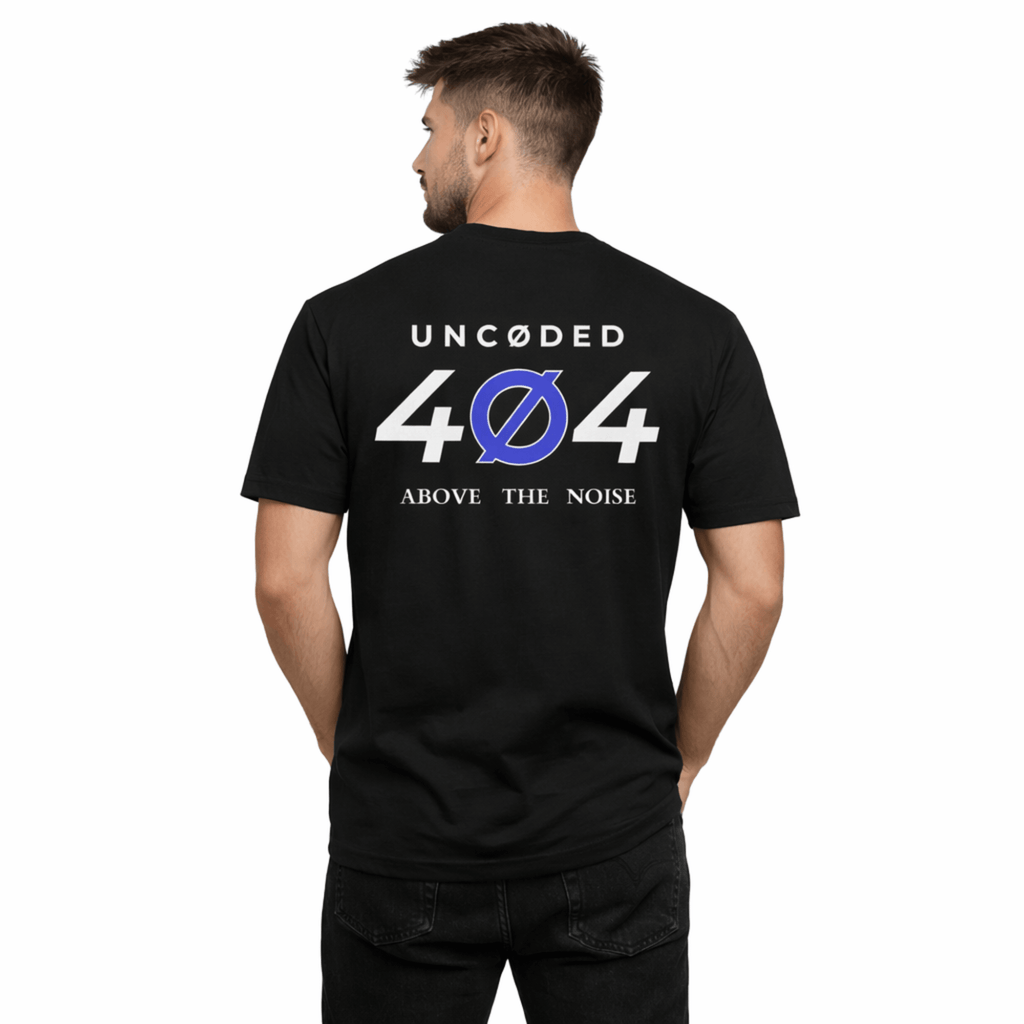 Model wearing UNCØDED Error 404 Tee black premium graphic tee back design