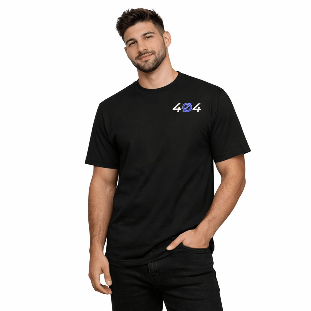 Model wearing UNCØDED Error 404 Tee black premium graphic tee front view