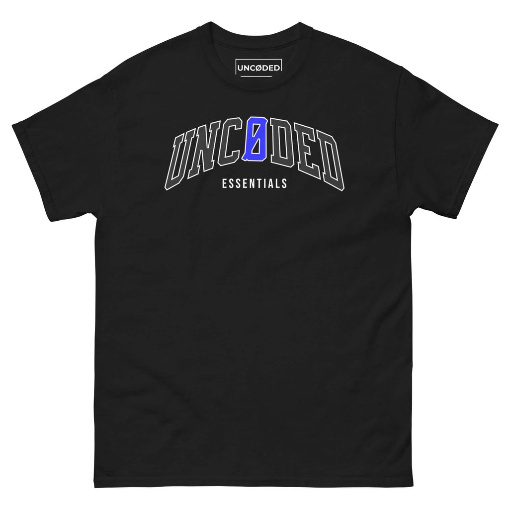 UNCØDED Essentials Tee black minimalist streetwear t-shirt with blue Ø arched logo front view #group:black-blue