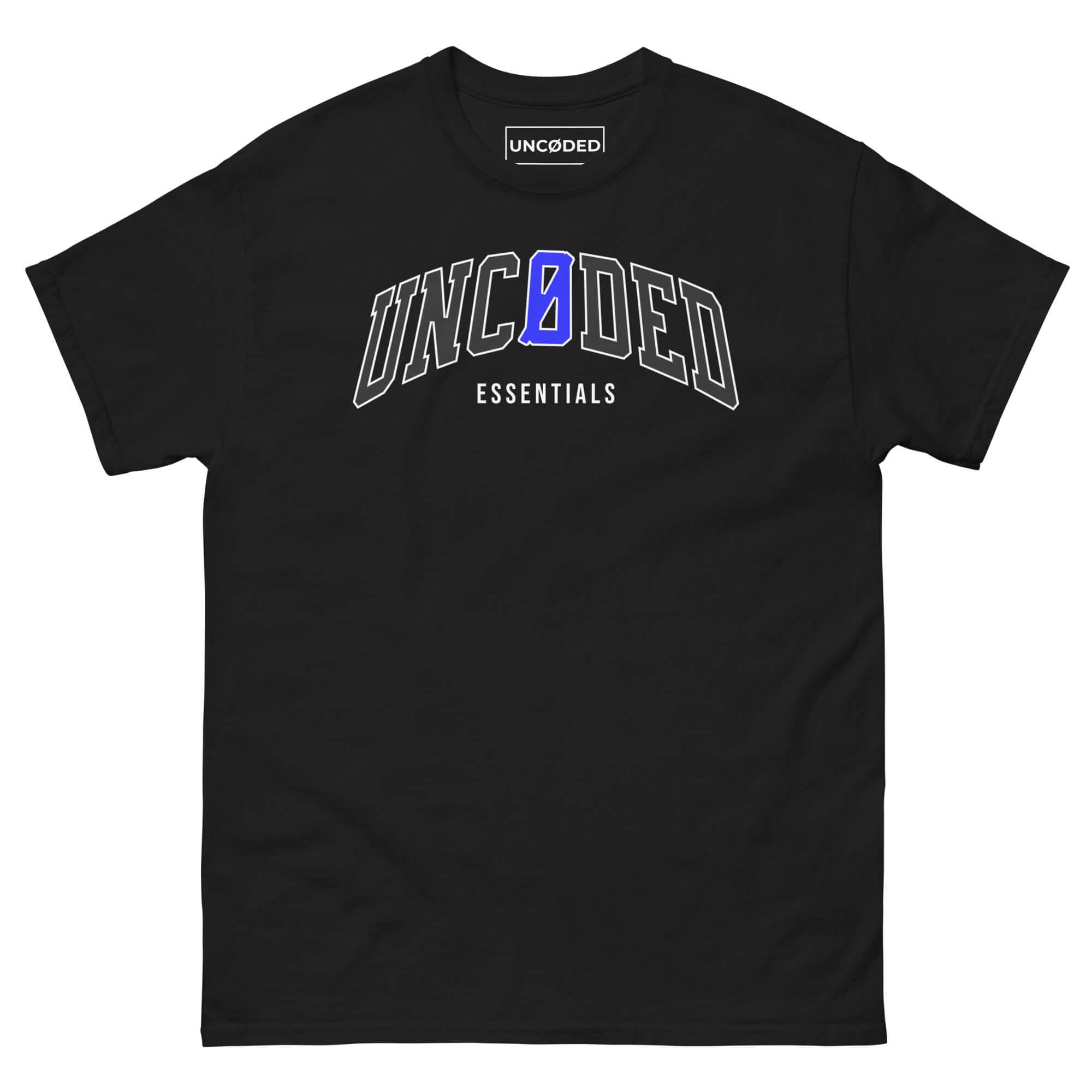 UNCØDED Essentials Tee black minimalist streetwear t-shirt with blue Ø arched logo front view #group:black-blue