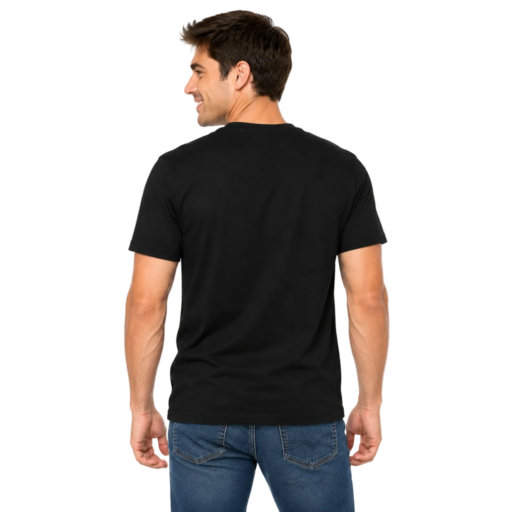 Model wearing UNCØDED Essentials Tee black minimalist streetwear t-shirt with blue Ø logo back view #group:black-blue