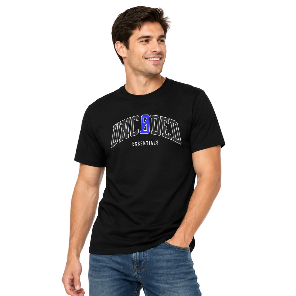 Model wearing UNCØDED Essentials Tee black minimalist streetwear t-shirt with blue Ø logo #group:black-blue