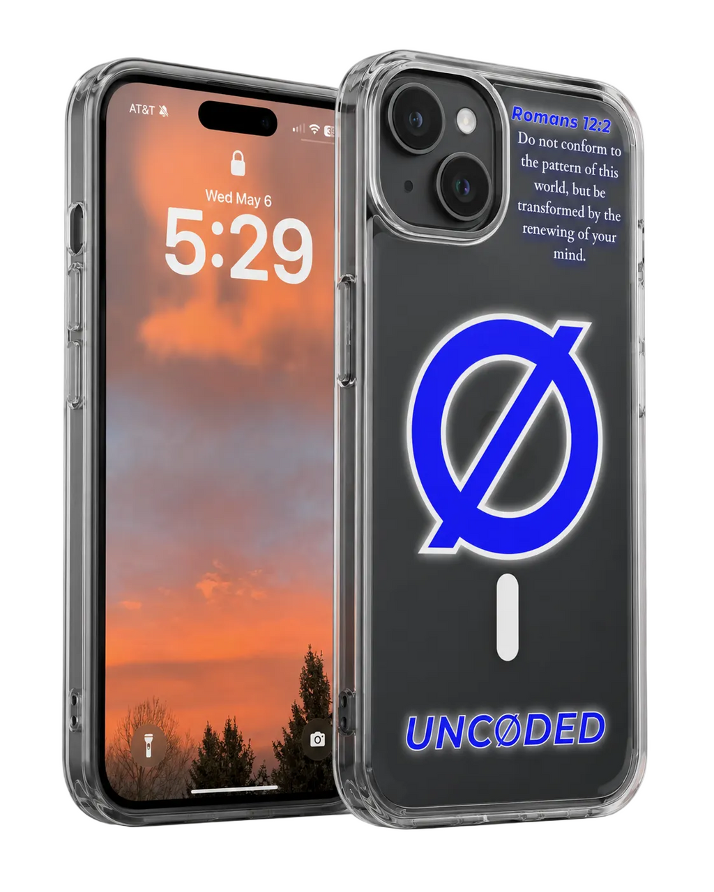 UNCØDED iPhone case angled product render showing the clear case on an iPhone #global