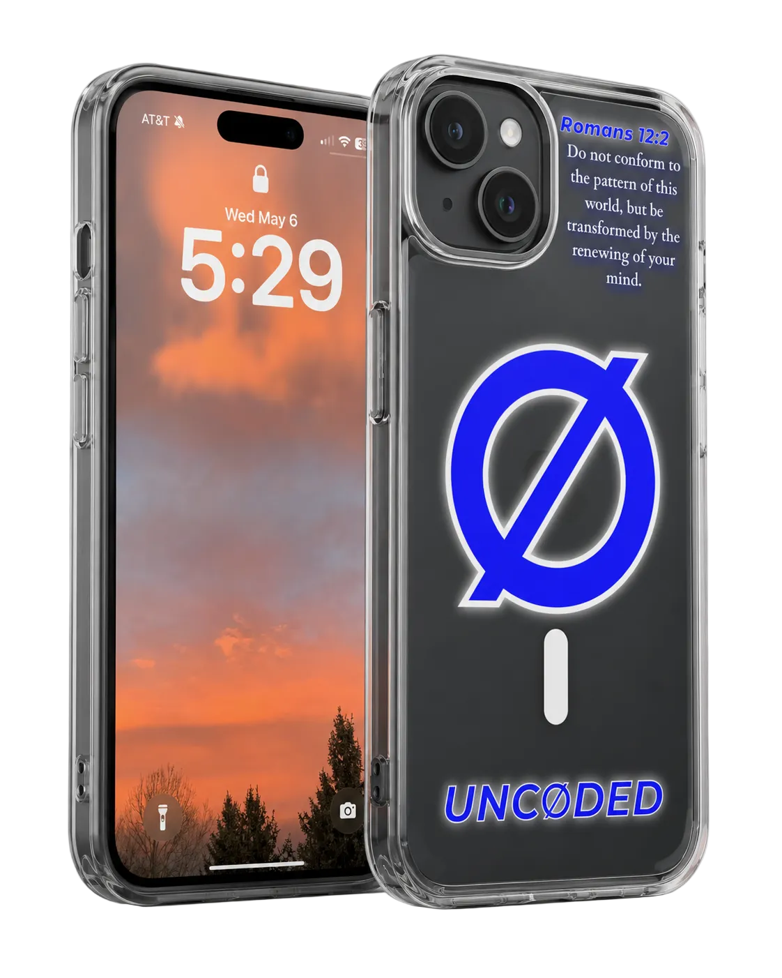 UNCØDED iPhone case angled product render showing the clear case on an iPhone #global