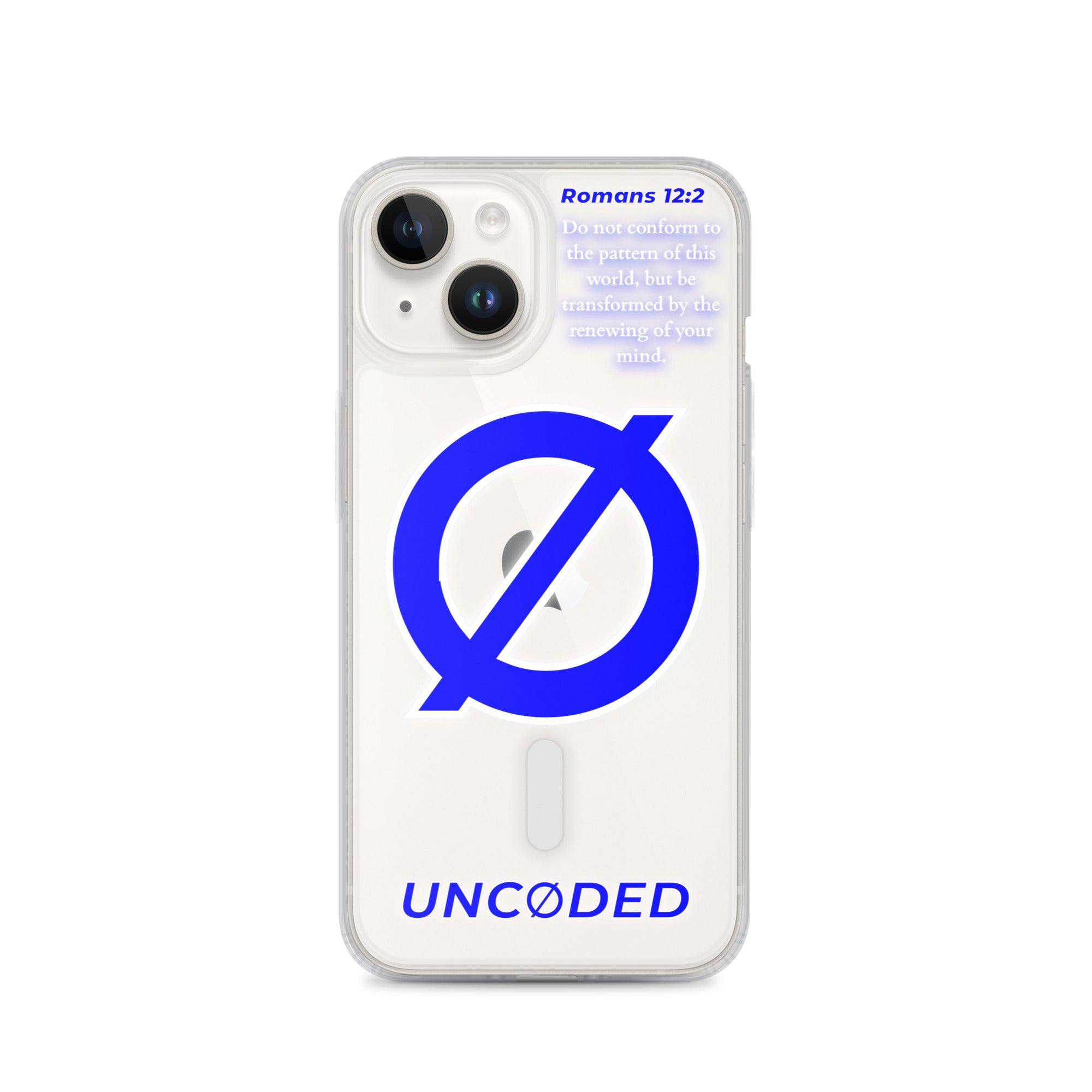 UNCØDED iPhone 14 clear MagSafe-compatible case with blue Ø logo front view