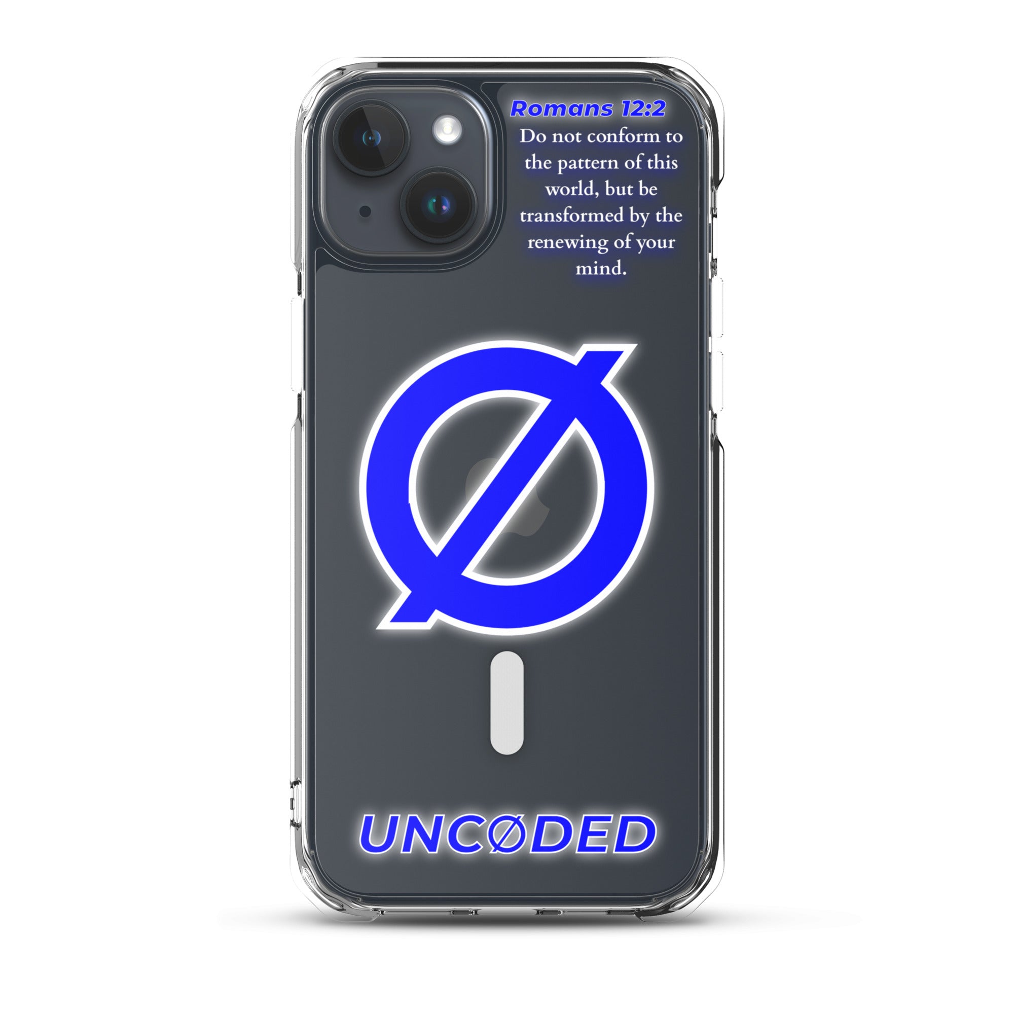 UNCØDED iPhone 15 Plus clear MagSafe-compatible case with blue Ø logo front view