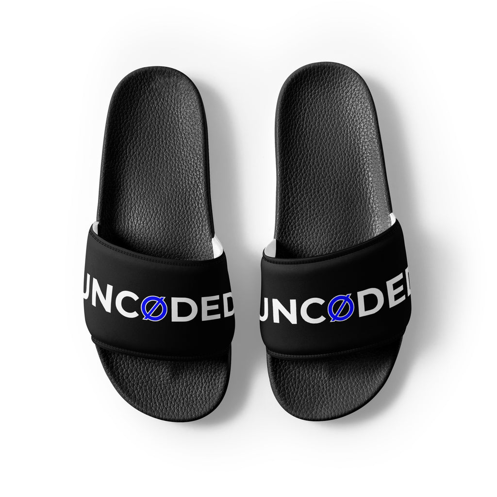 UNCØDED Logo Slides black strap slide sandals overhead view #group:black-blue