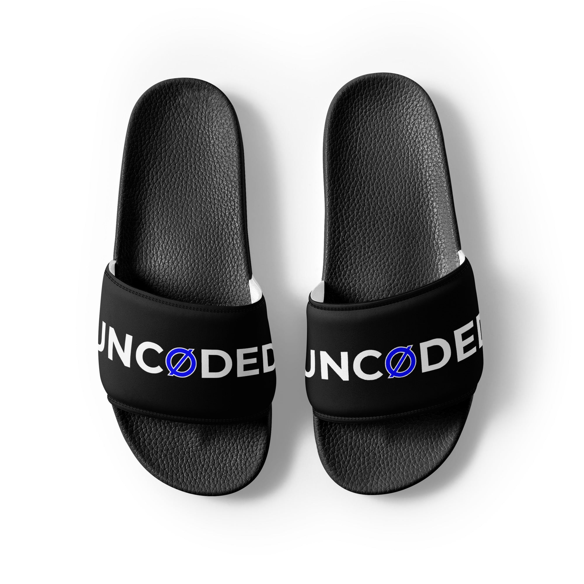 UNCØDED Logo Slides black strap slide sandals overhead view #group:black-blue
