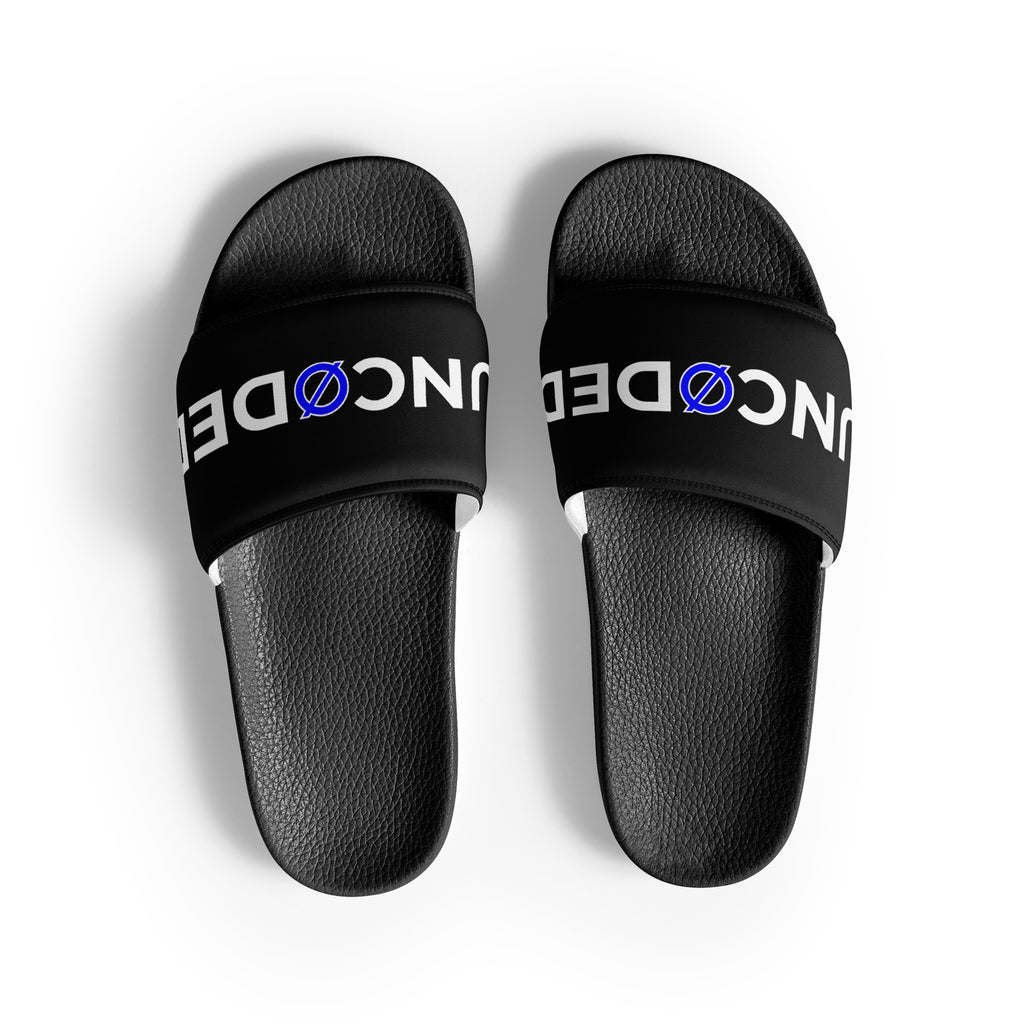 UNCØDED Logo Slides black strap streetwear slide sandals top view #group:black-blue