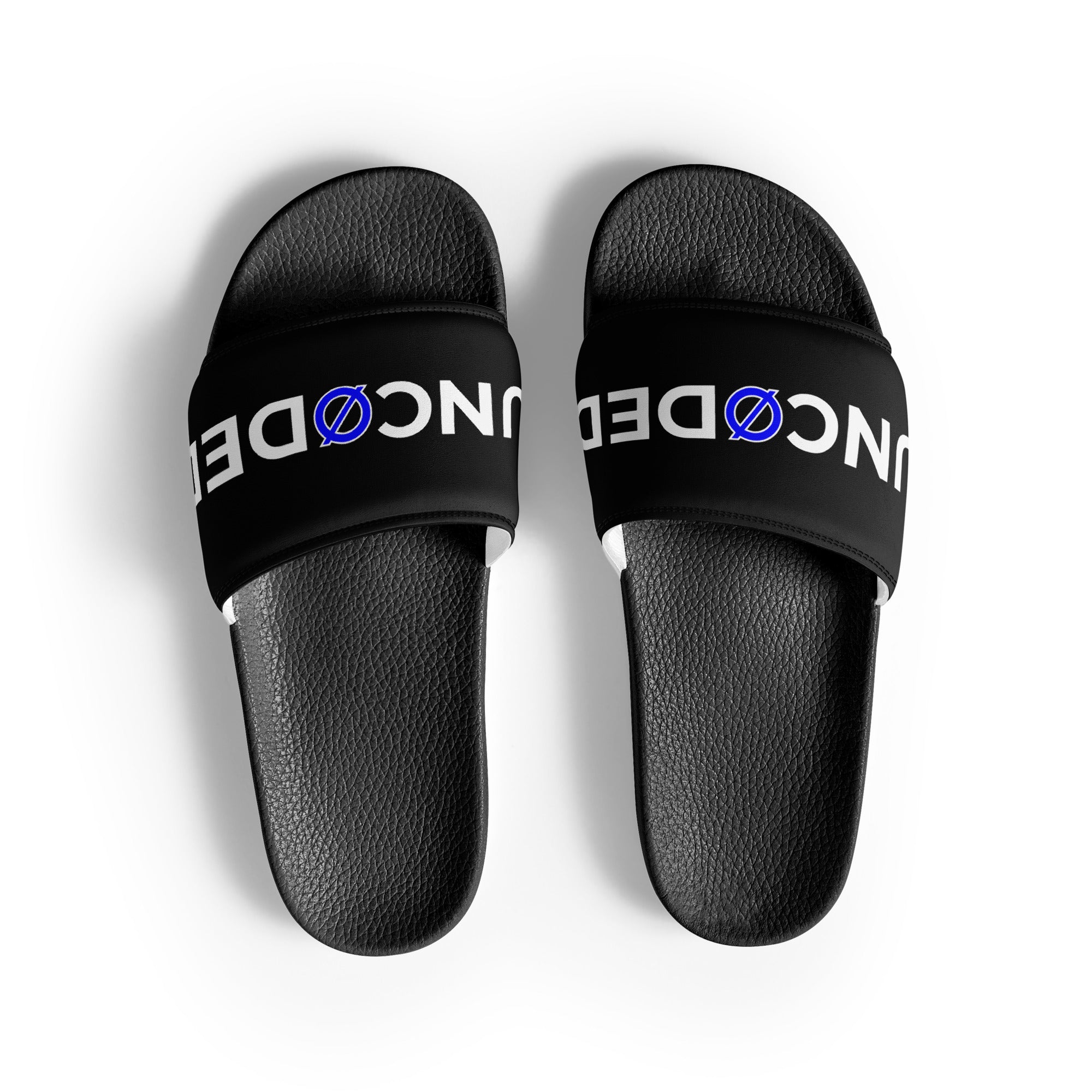 UNCØDED Logo Slides black strap streetwear slide sandals top view #group:black-blue