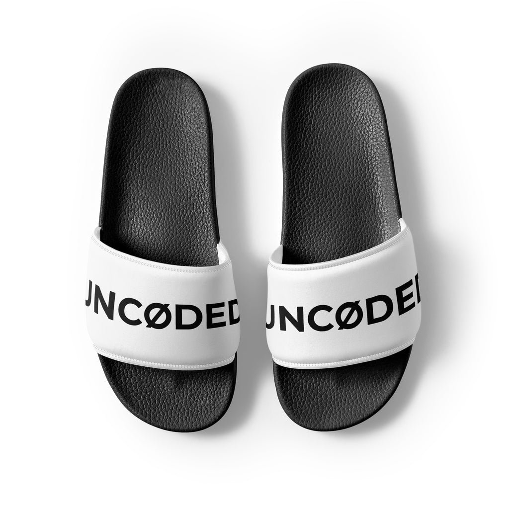 UNCØDED Logo Slides white strap slide sandals overhead view #group:white-black