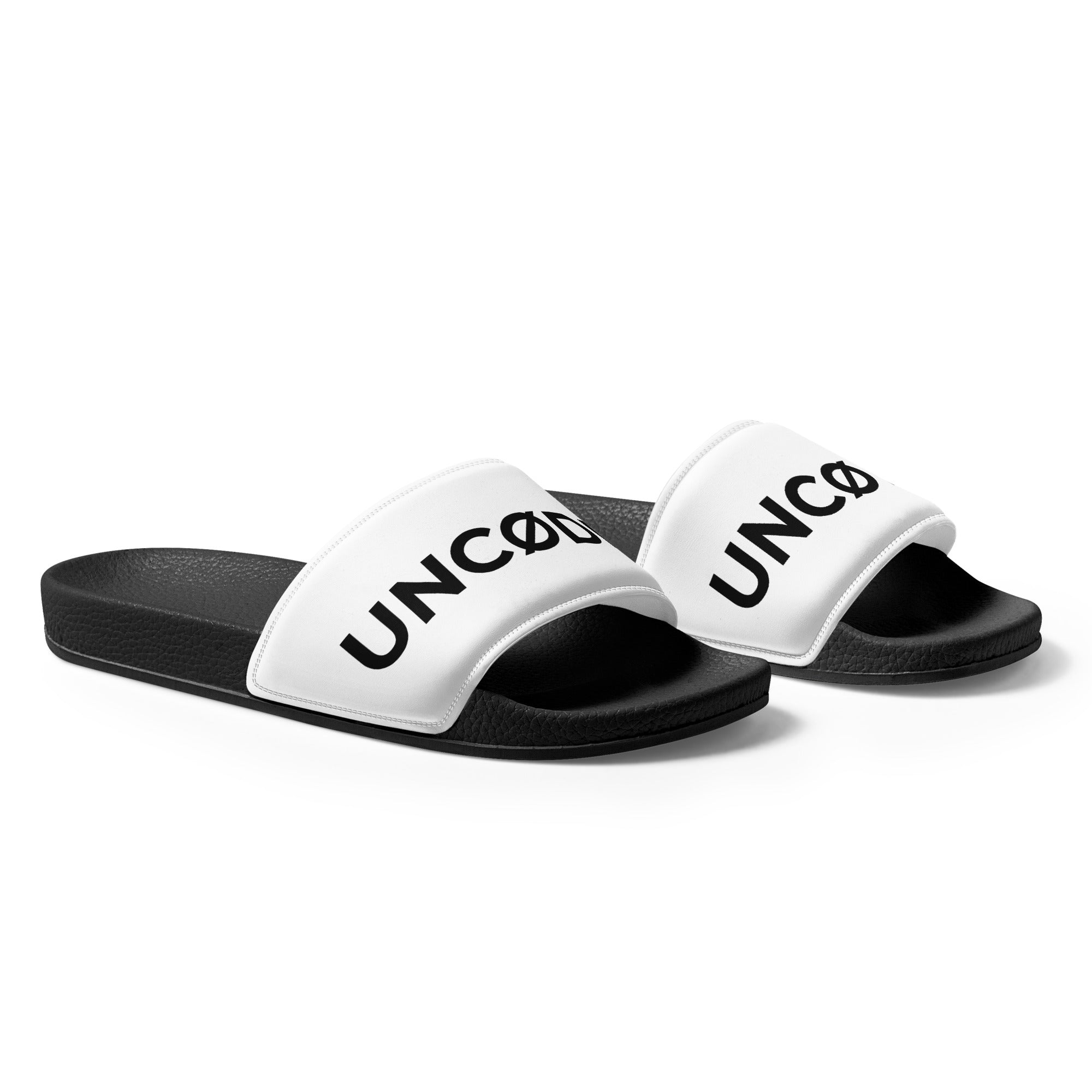 UNCØDED Logo Slides white strap slide sandals product angle #group:white-black