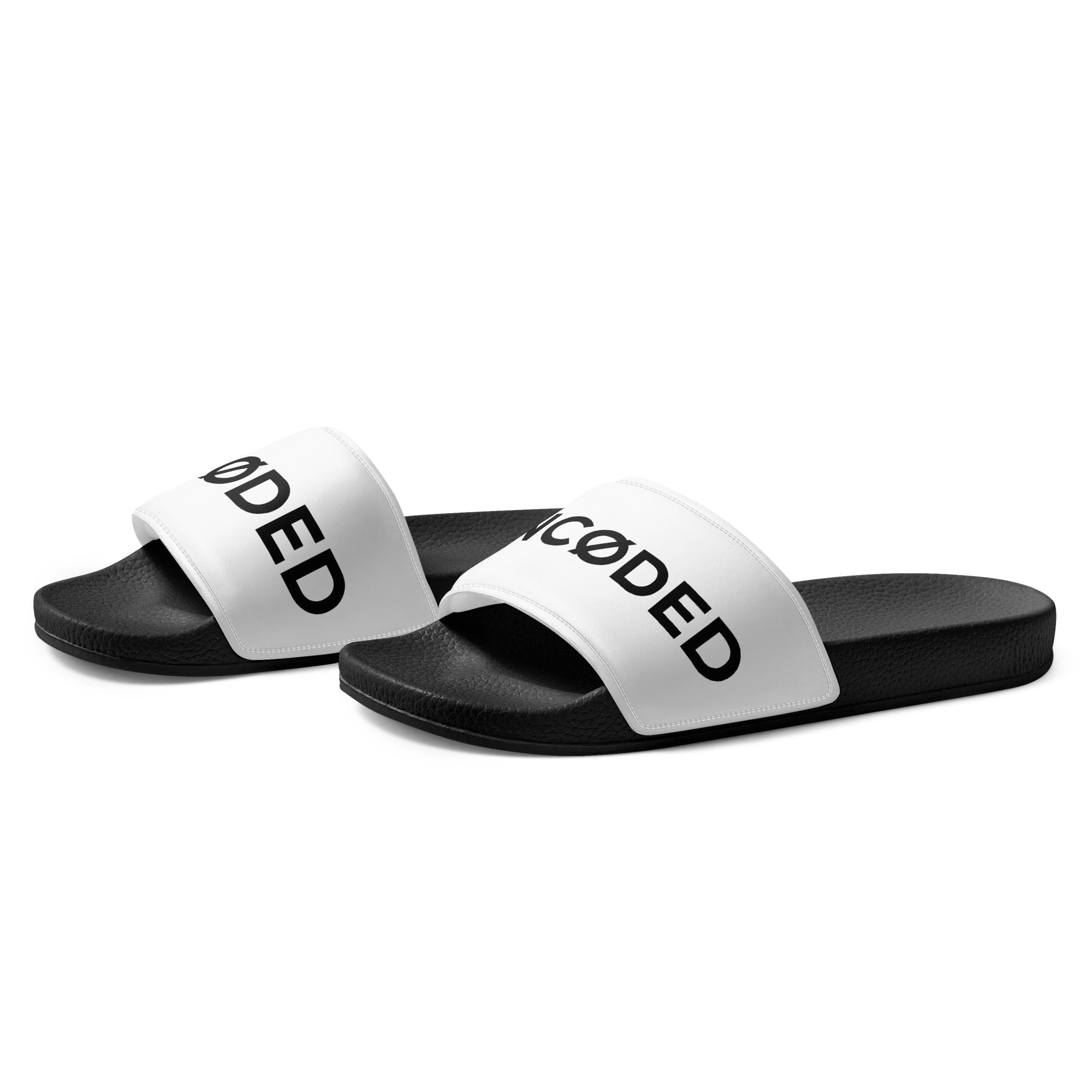 UNCØDED Logo Slides white strap streetwear slide sandals side angle #group:white-black