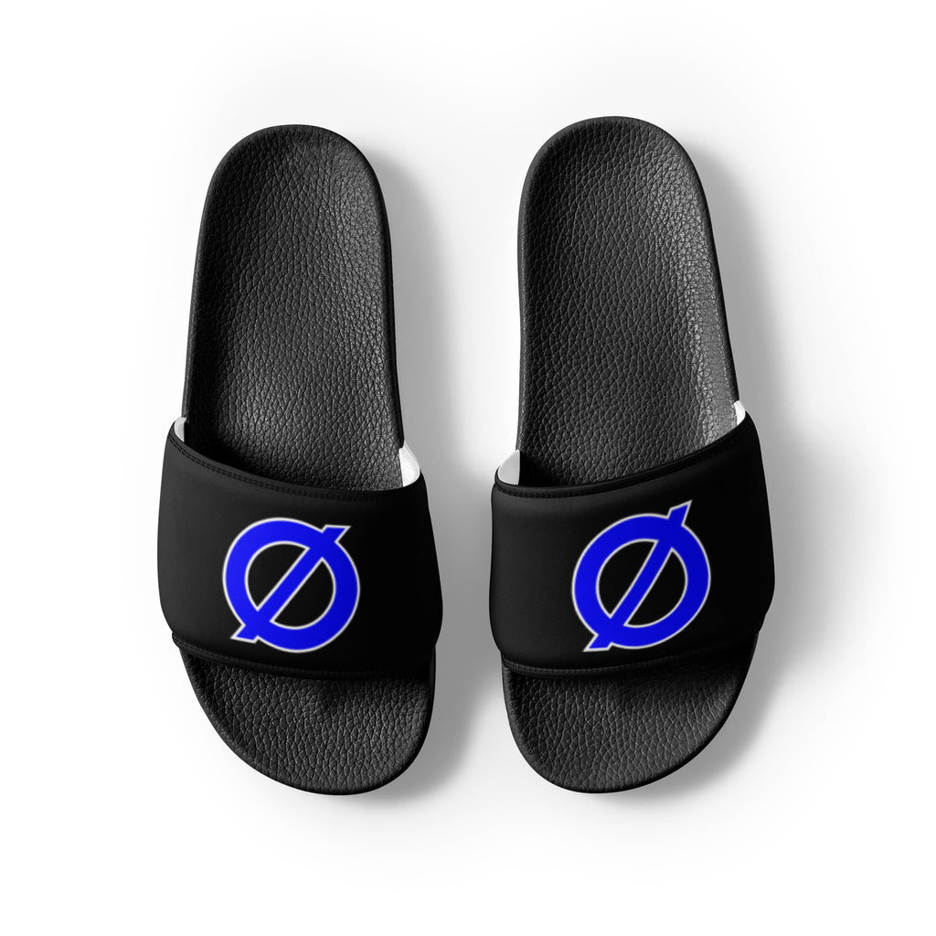 UNCØDED Ø Slides black slide sandals with blue Ø logo overhead view #group:black-blue