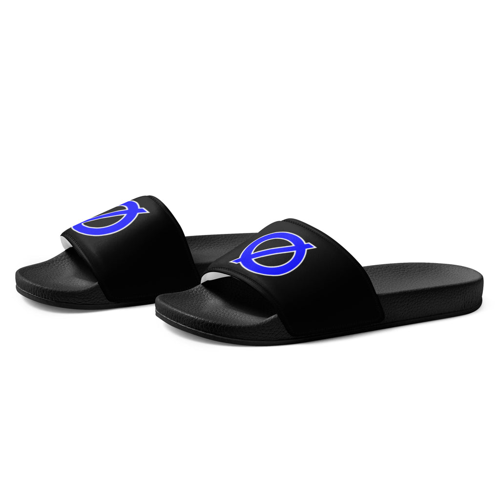 UNCØDED Ø Slides black slide sandals with blue Ø logo side angle #group:black-blue