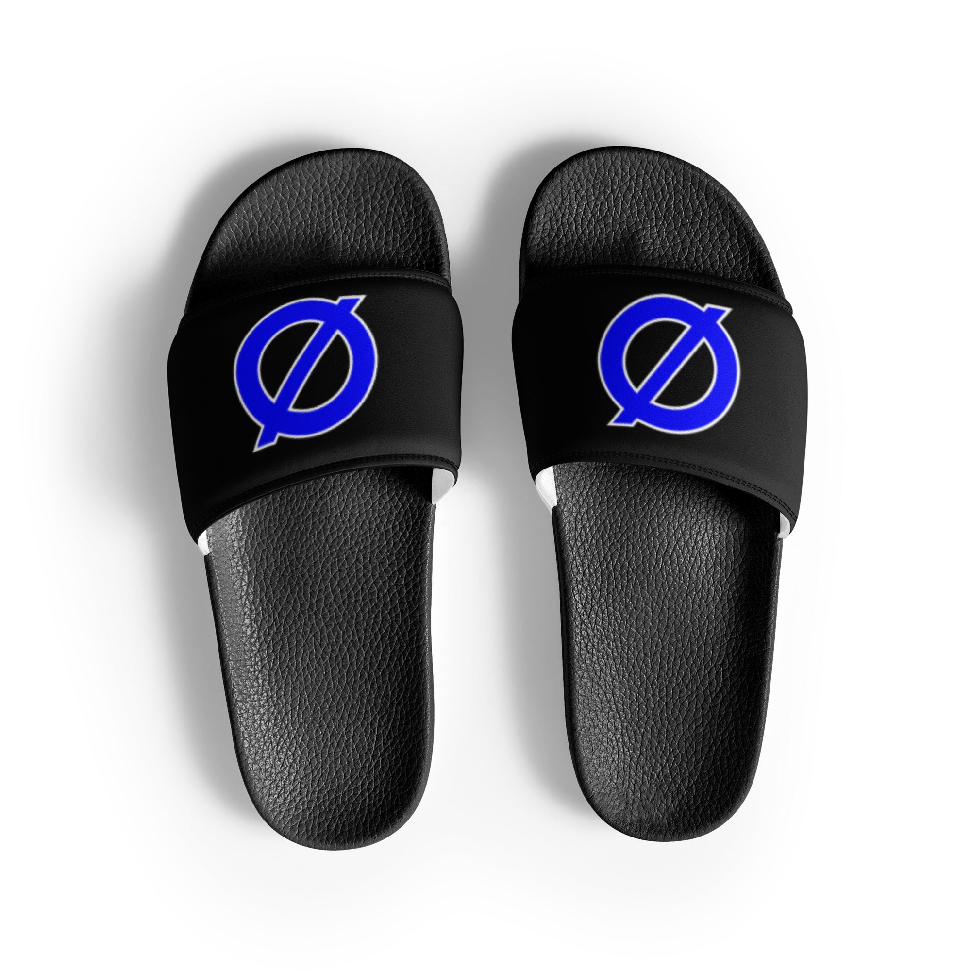 UNCØDED Ø Slides black streetwear slide sandals with blue Ø logo top view #group:black-blue