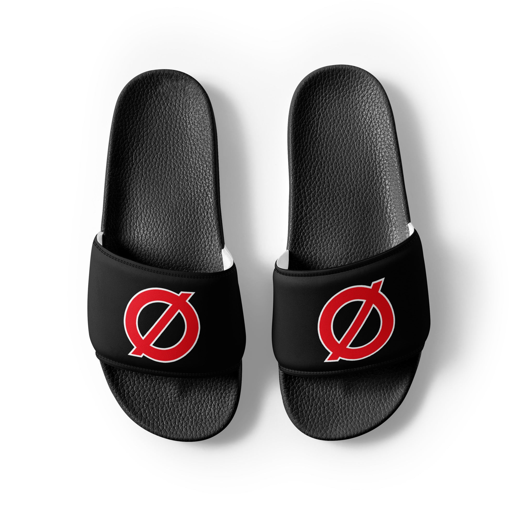 UNCØDED Ø Slides black slide sandals with red Ø logo overhead view #group:black-red