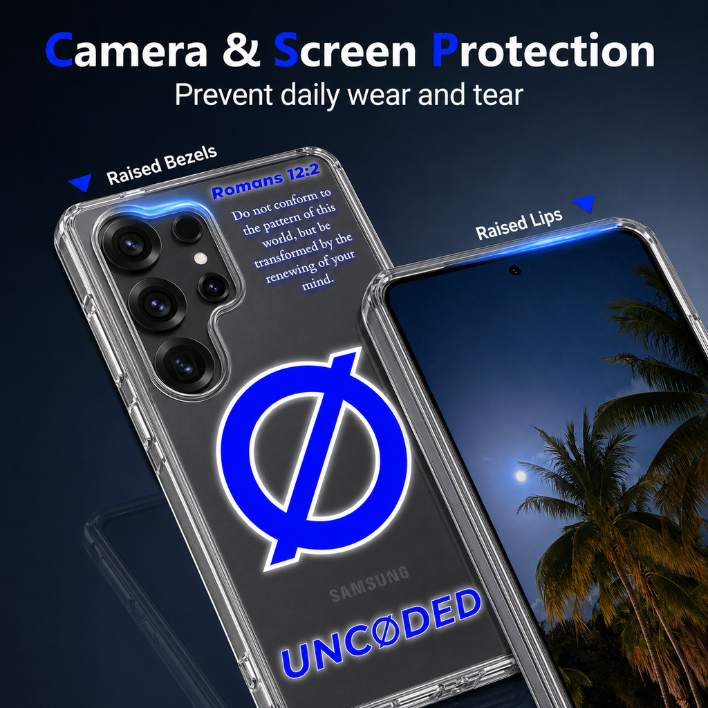 UNCØDED Samsung phone case camera and screen protection feature graphic #global