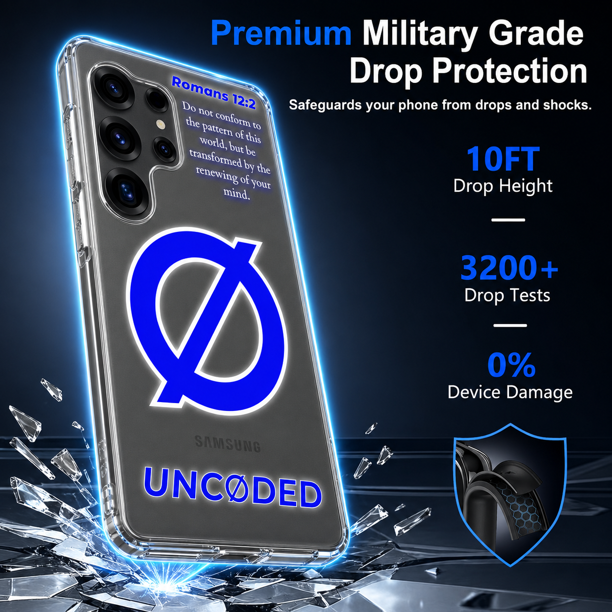 UNCØDED Samsung clear phone case drop protection feature graphic #global
