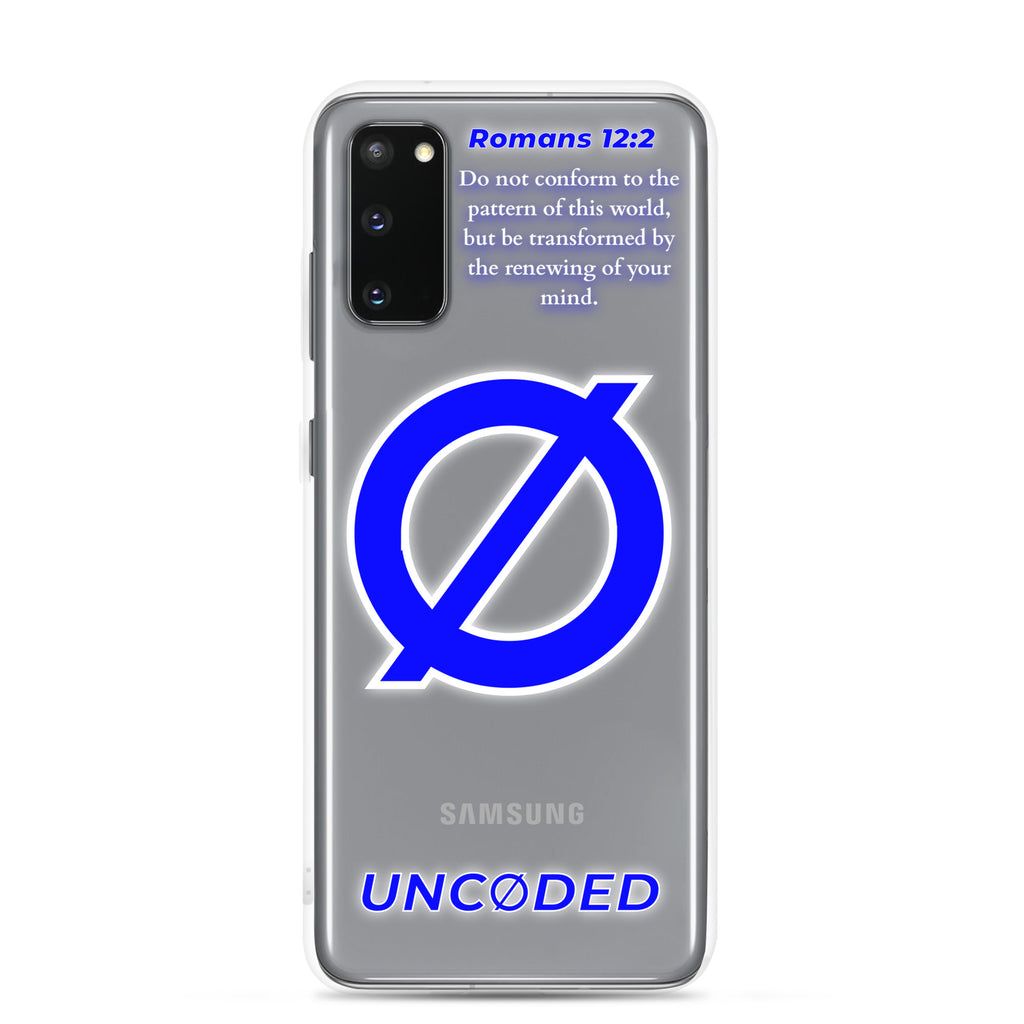 UNCØDED Samsung Galaxy S20 clear protective phone case with blue Ø logo front view