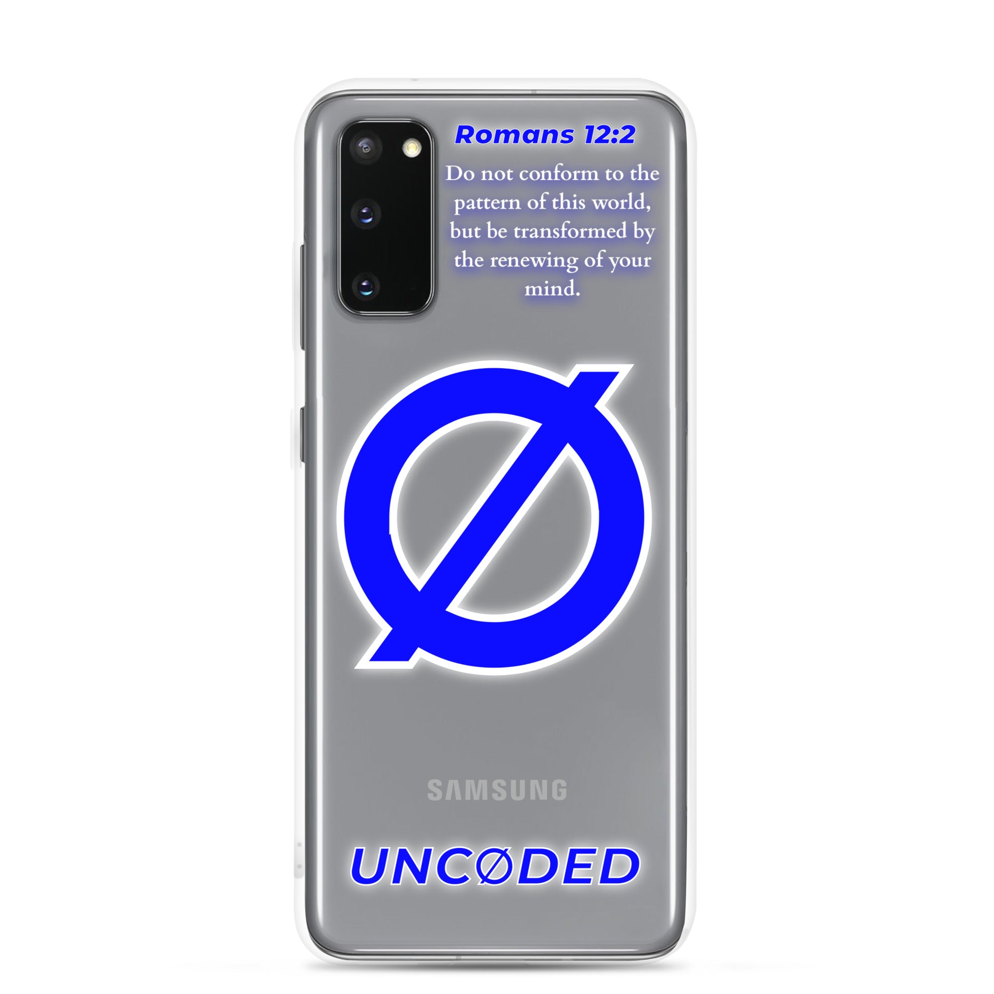 UNCØDED Samsung Galaxy S20 clear protective phone case with blue Ø logo front view