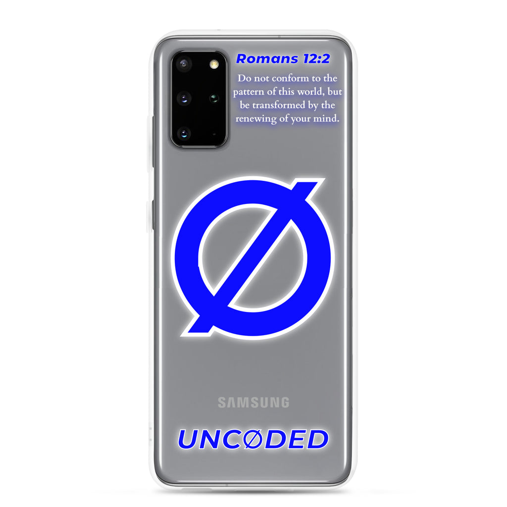 UNCØDED Samsung Galaxy S20 Plus clear protective phone case with blue Ø logo front view