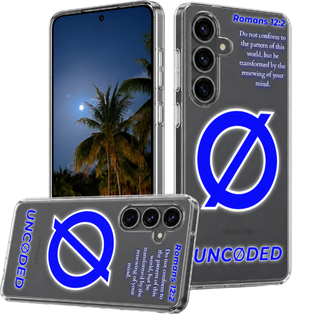 UNCØDED Samsung clear protective phone case product display with blue Ø logo #global