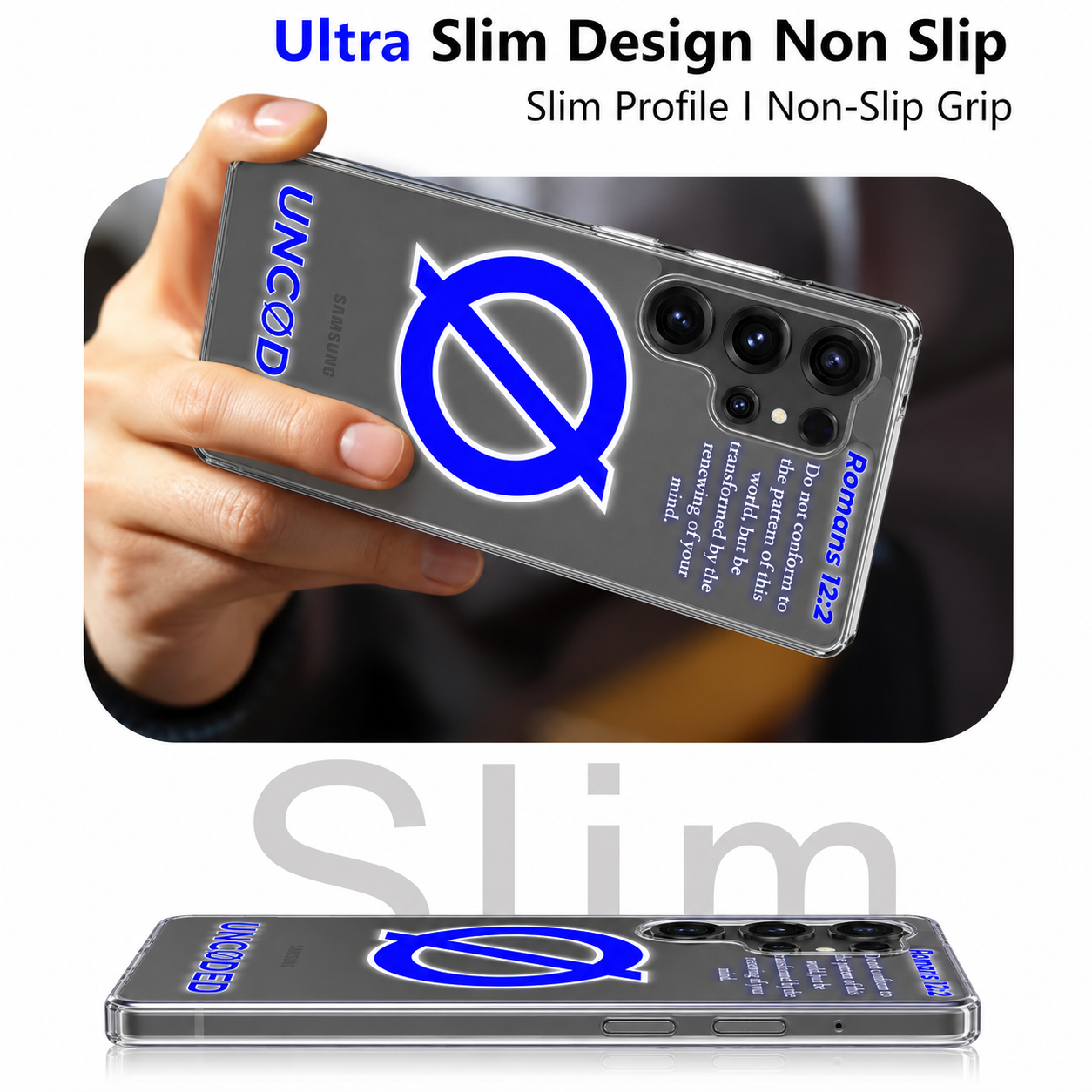 UNCØDED Samsung phone case slim design and non-slip grip feature graphic #global
