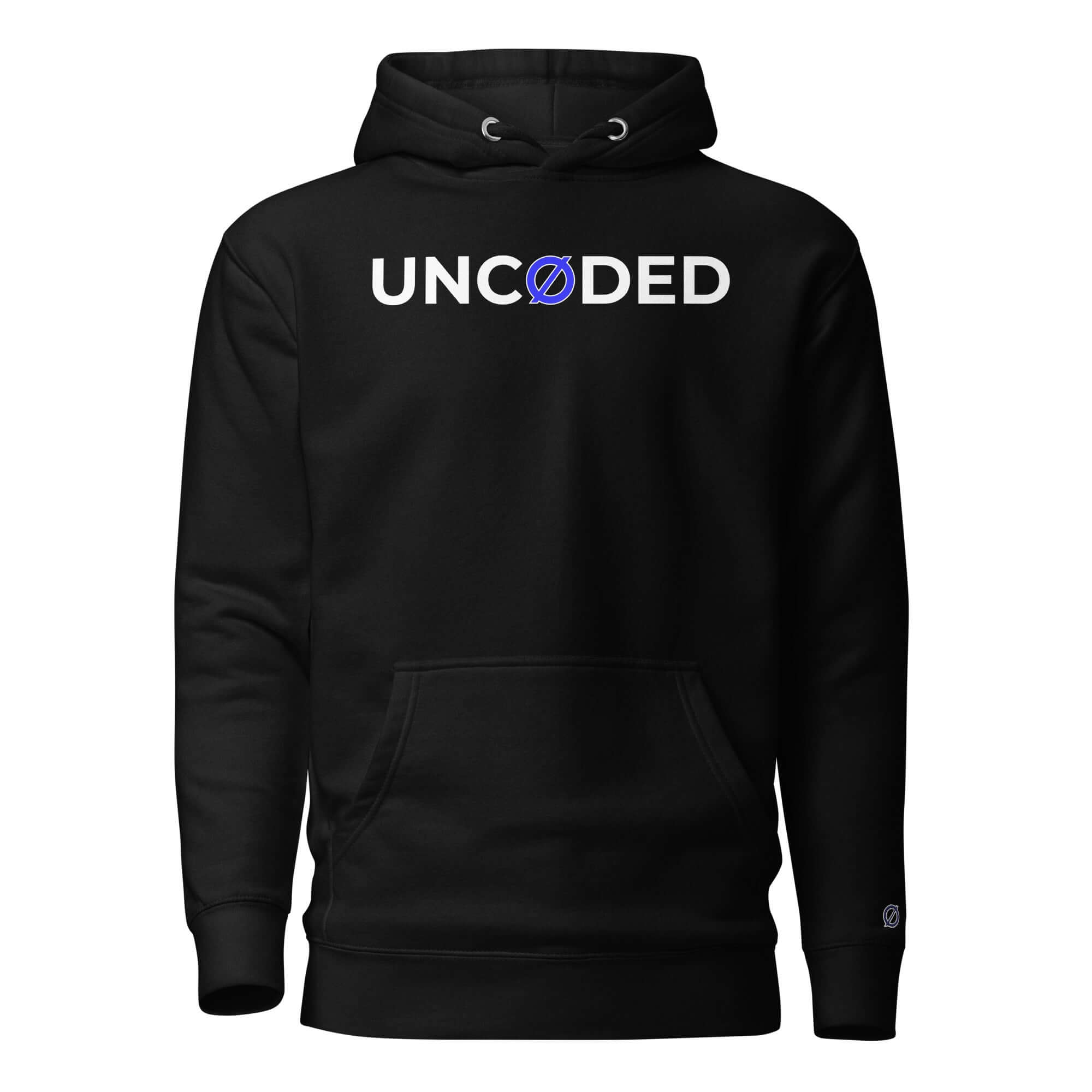 UNCØDED Signature Hoodie black minimal streetwear hoodie front view #group:black