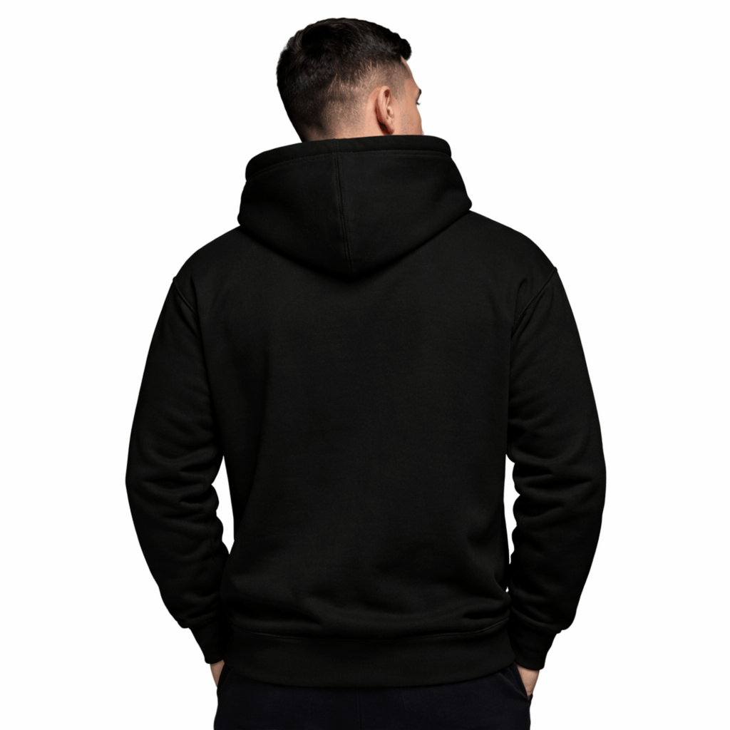 Model wearing UNCØDED Signature Hoodie black minimal streetwear hoodie back view #group:black
