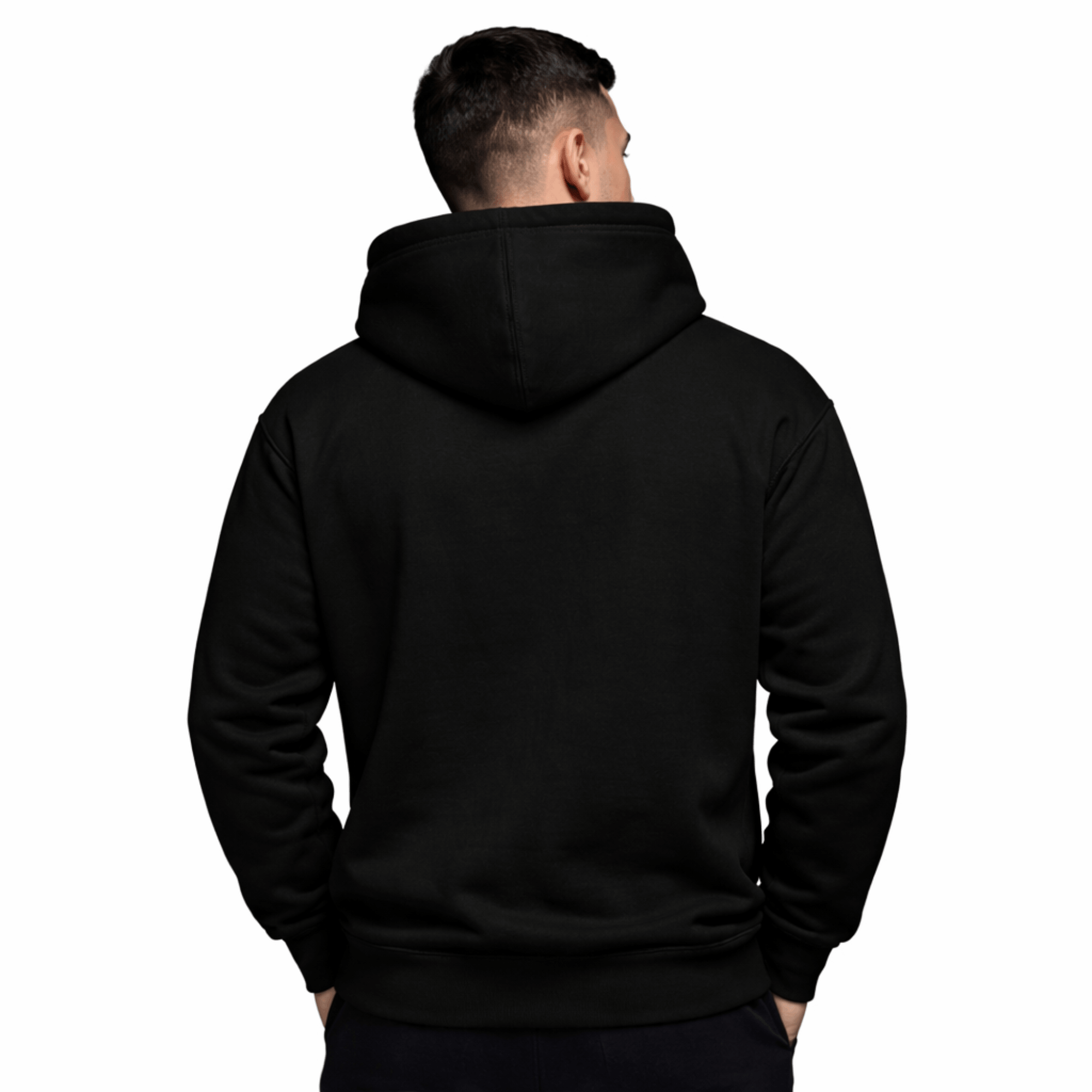 Model wearing UNCØDED Signature Hoodie black minimal streetwear hoodie back view #group:black