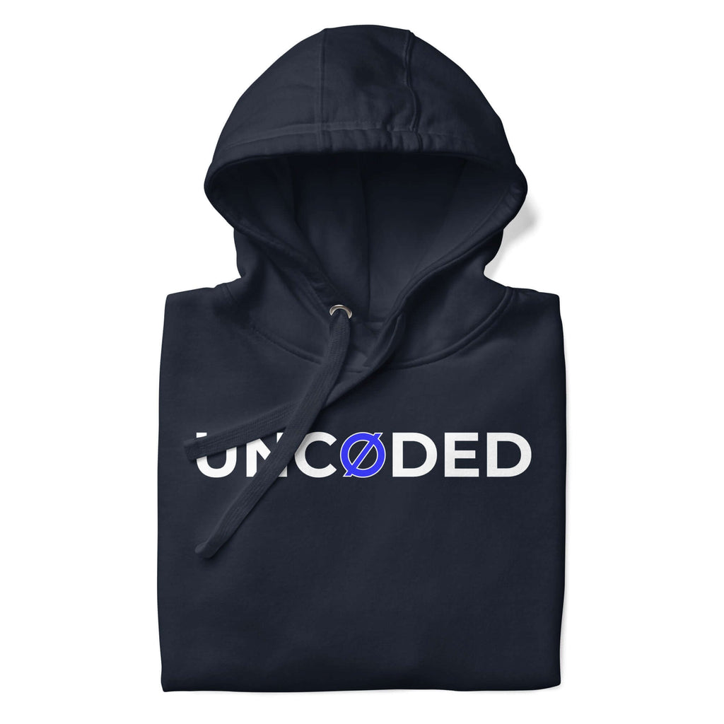 UNCØDED Signature Hoodie navy folded front logo detail #group:navy