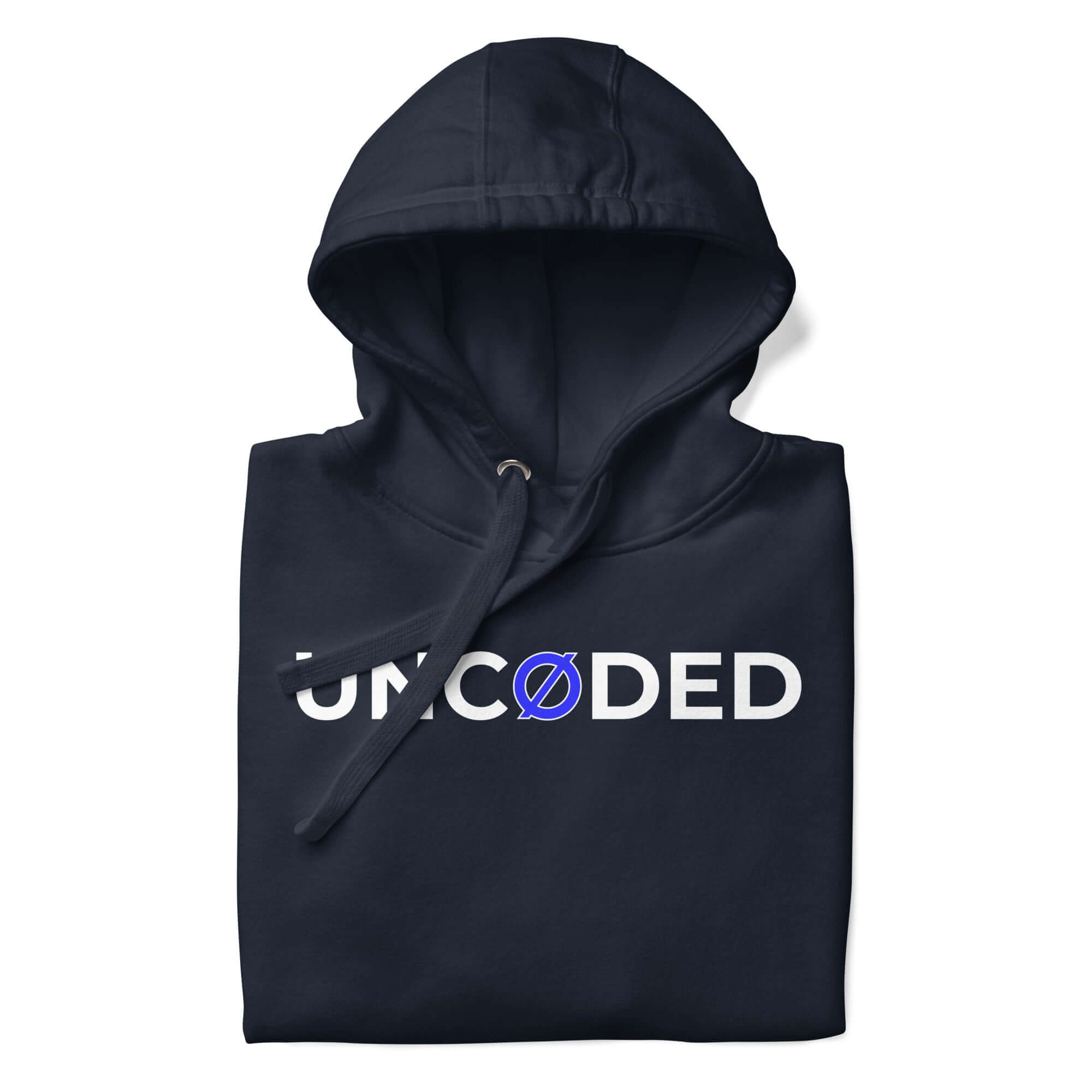 UNCØDED Signature Hoodie navy folded front logo detail #group:navy