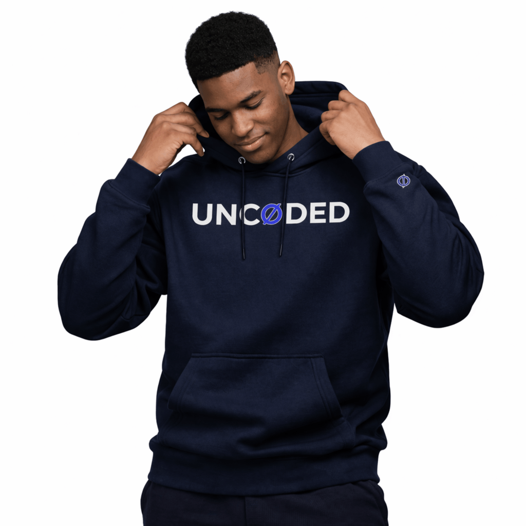 Model wearing UNCØDED Signature Hoodie navy minimal streetwear hoodie front view #group:navy