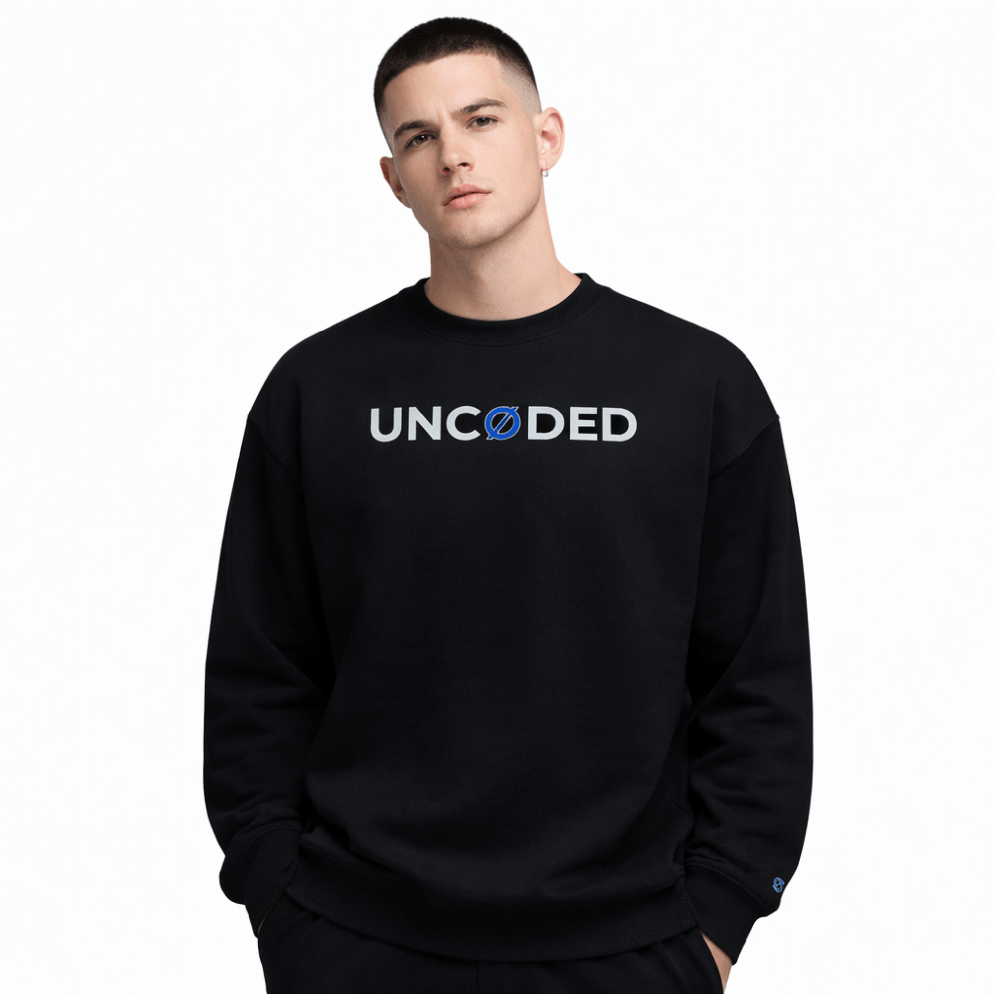 Model wearing UNCØDED Signature Sweatshirt black minimal streetwear crewneck front view #group:black