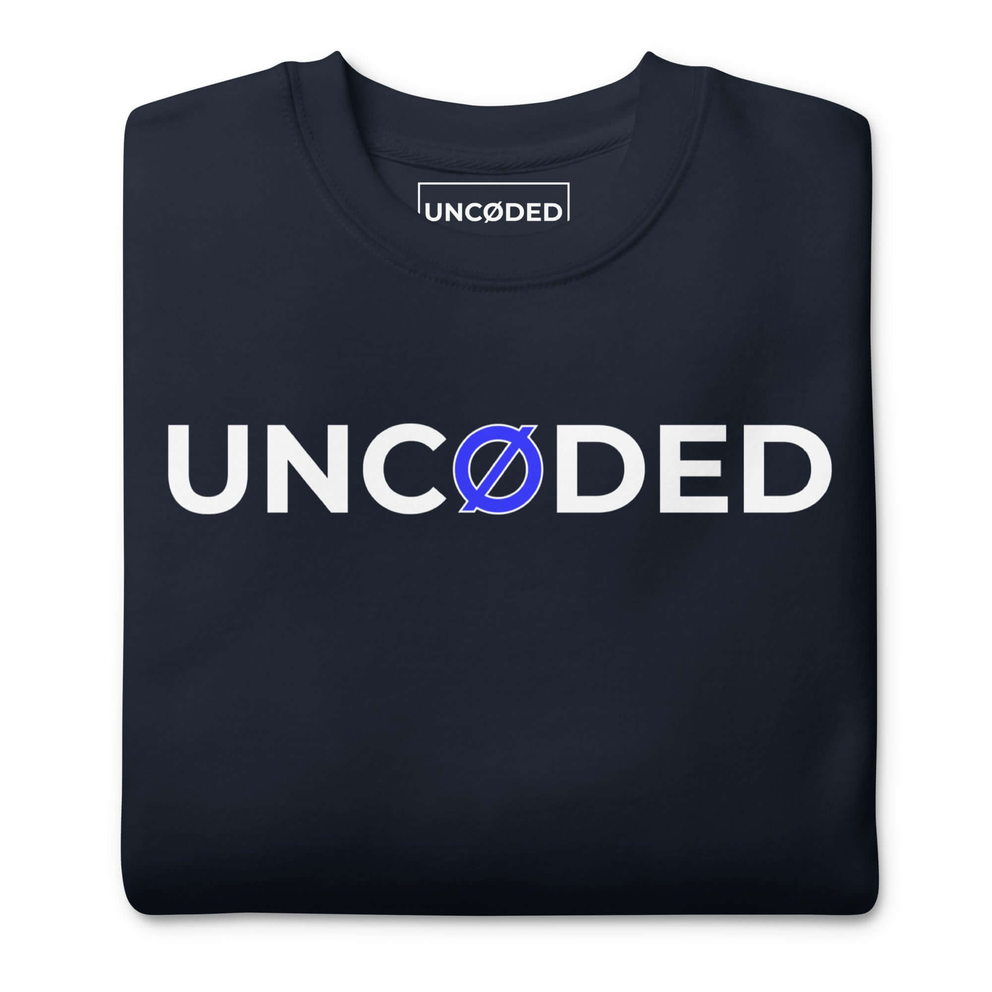 UNCØDED Signature Sweatshirt navy crewneck folded front logo detail #group:navy